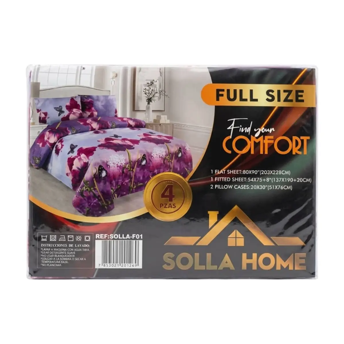Juego de sábanas Full Size de cuatro piezas con diseño estampado floral y de mariposa Solla Home - Miniatura 3