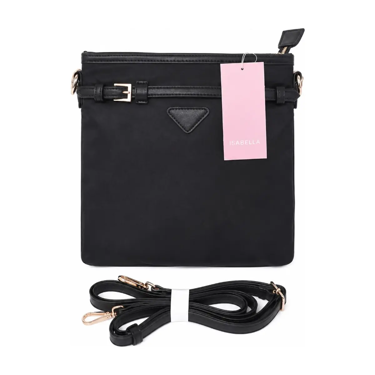 Bolso bandolera negro de nailon con cinturón decorativo y parche triangular Isabella (1 U)