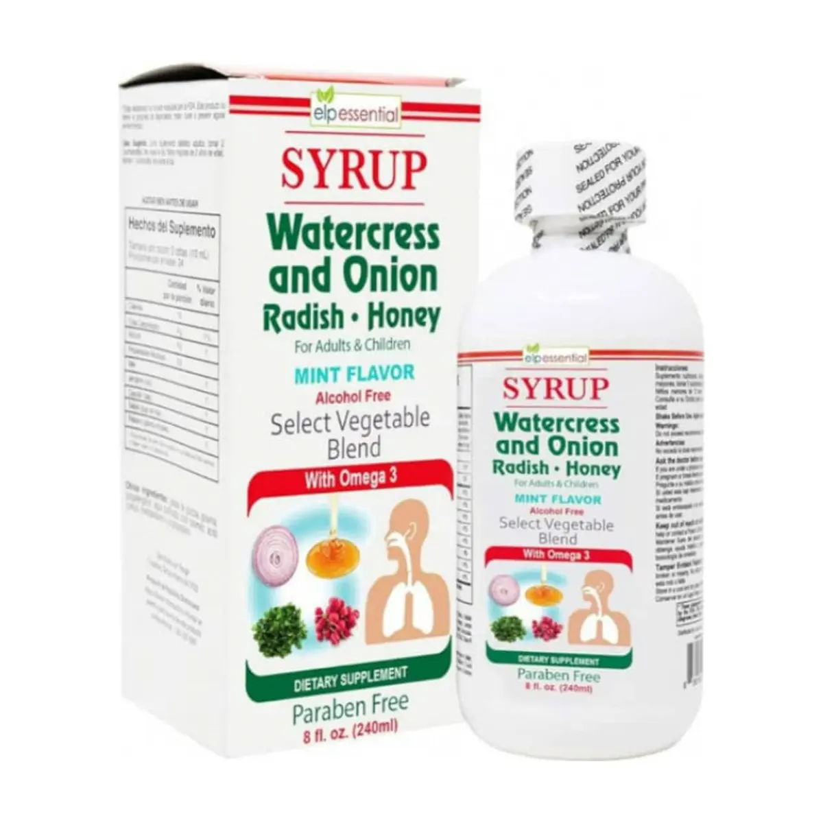 Jarabe de berro, cebolla, rábano y miel con Omega 3. Sabor a menta ELP Essential (240 ml / 8 fl. oz)