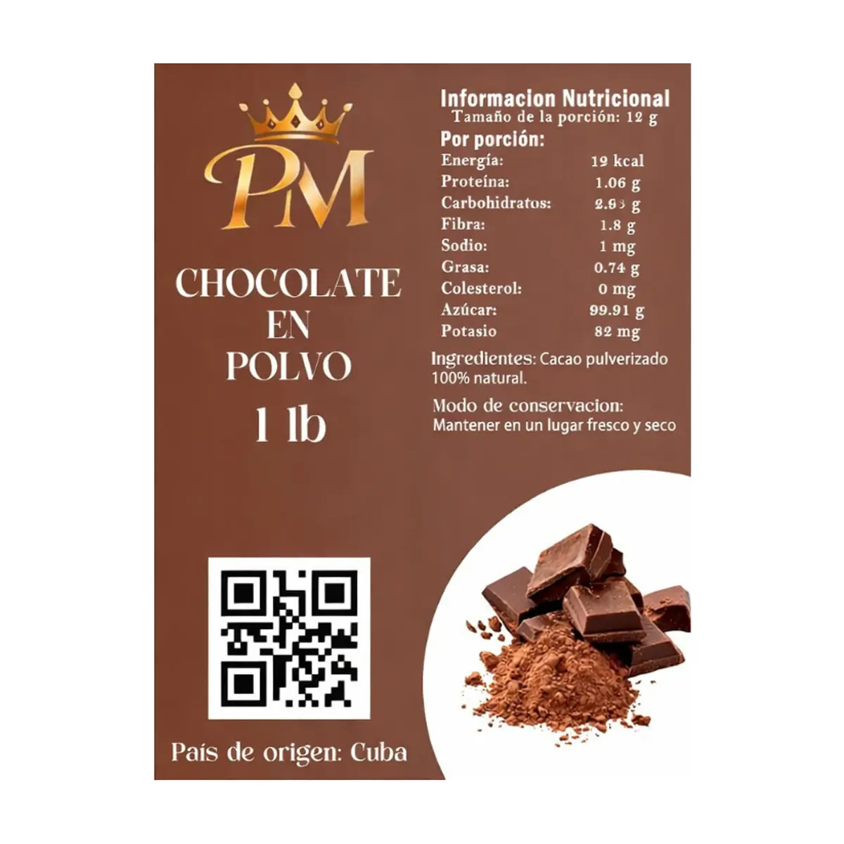 Chocolate en polvo natural sin azúcar PM (454 g / 1 lb) - Thumbnail 2