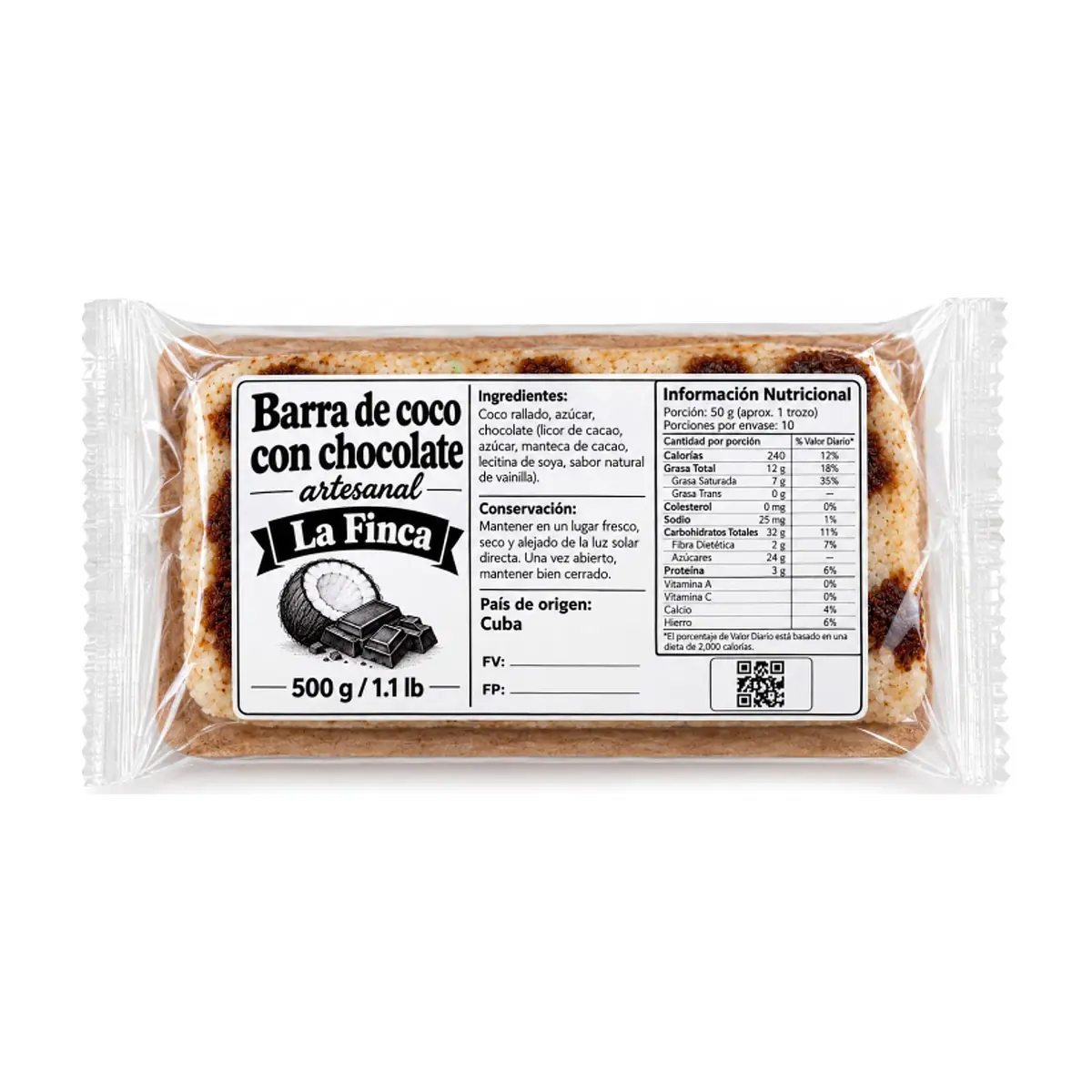 Barra de coco con chocolate artesanal La Finca (500 g / 1.1 lb)