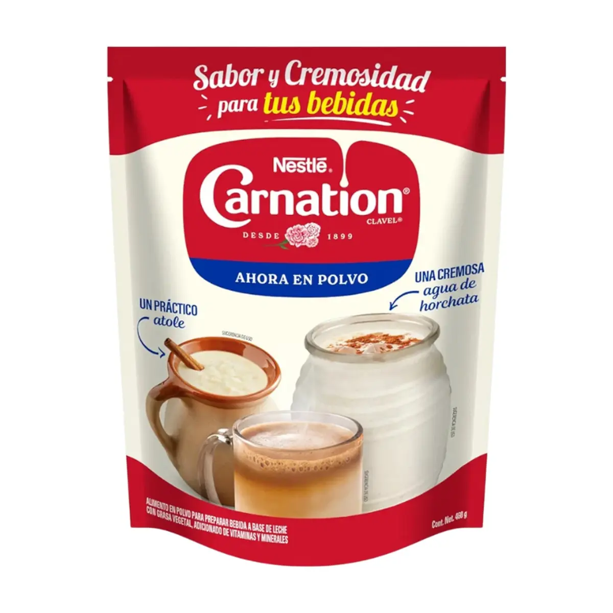 Alimento en polvo para preparar bebida a base de leche con grasa vegetal, adicionado de vitaminas y minerales Carnation Clavel (460 g / 1.01 lb)