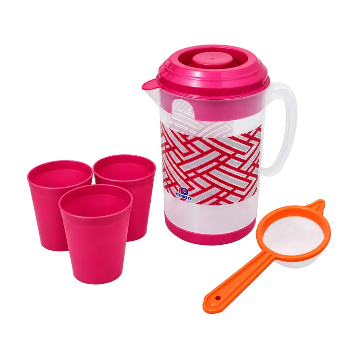 Juego rosado de jarra plástica con tapa, vasos y colador CasaBlaca