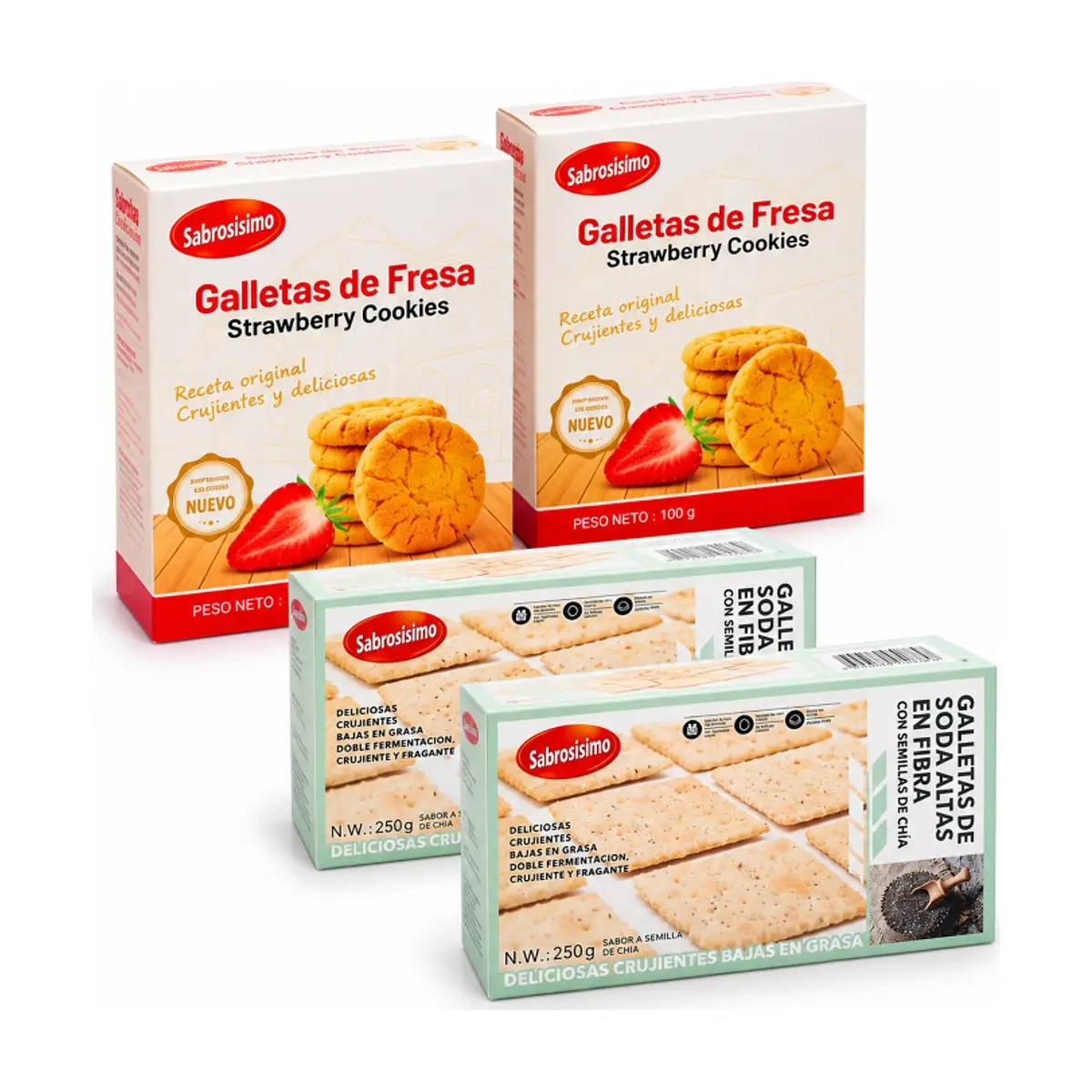 Combo Galletas de mantequilla con sabor a fresa Sabrosísimo (2 x 100 g / 3.52 oz) + Galletas de soda con semillas de Chía Sabrosísimo (2 x 250 g / 8.81 oz) - Imagen 1