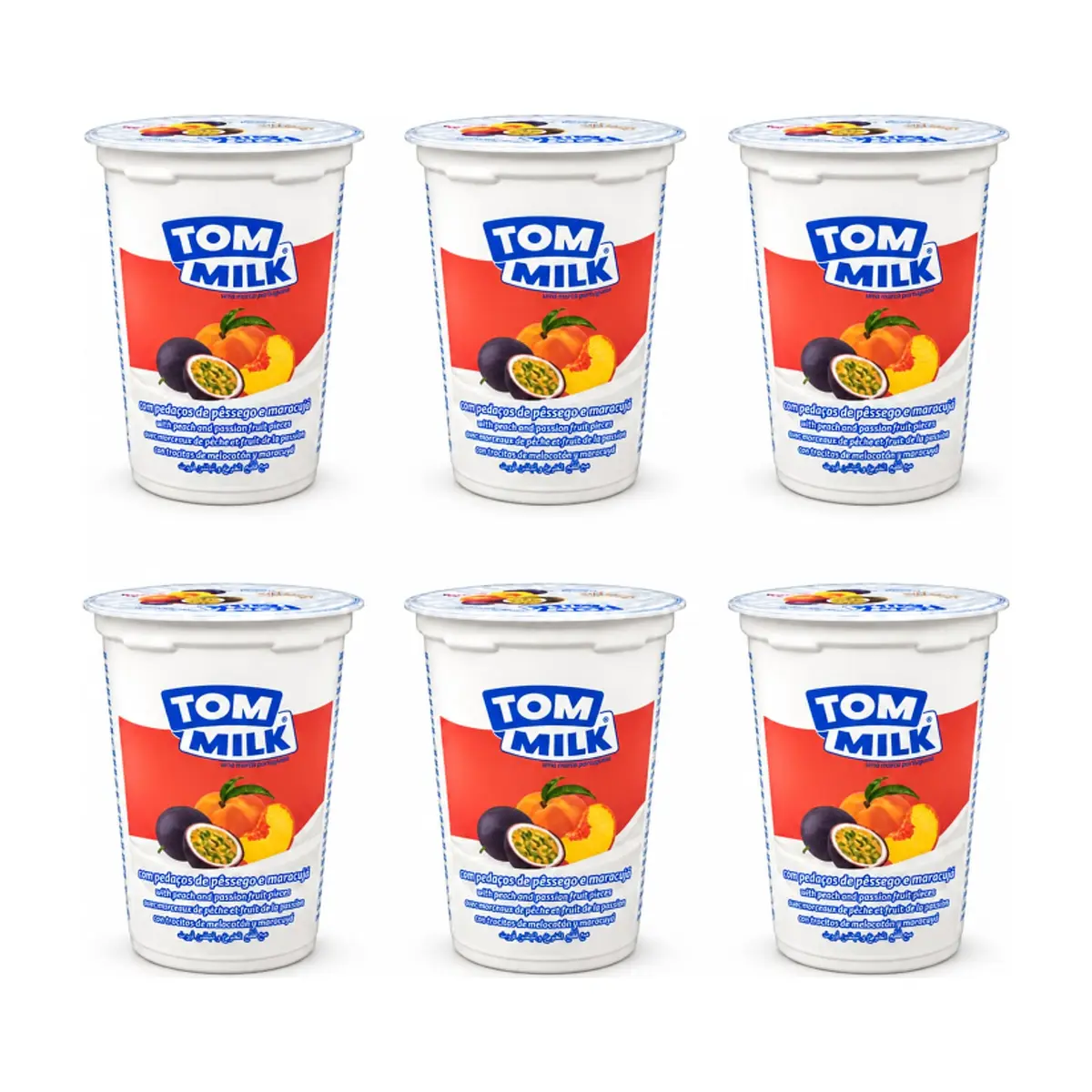 Yogurt pasteurizado sabor melocotón y maracuyá con trocitos de fruta Tom Milk (6 x 500 g / 1.10 lb)