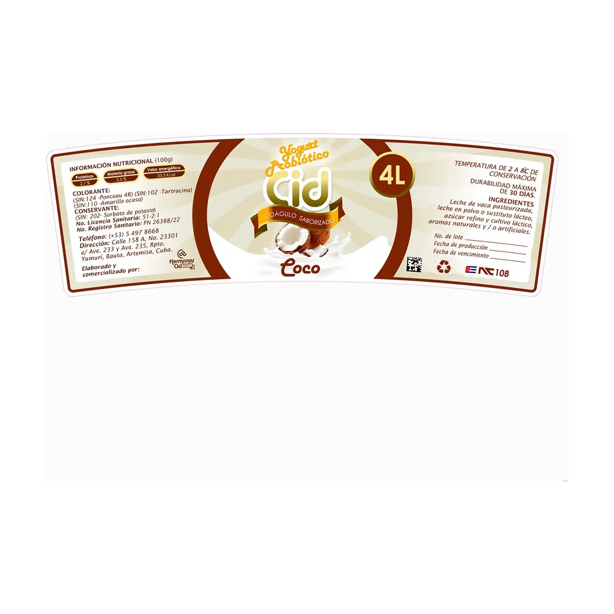 Yogurt probiótico de coágulo saborizado de coco Cid (4 L) - Miniatura 2