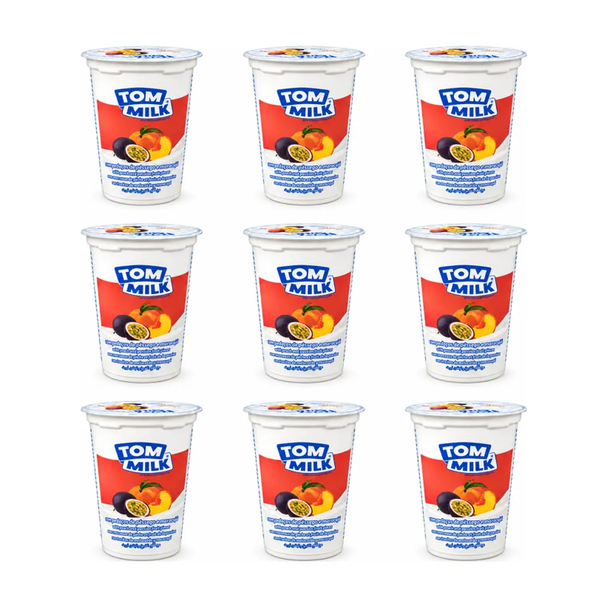 Yogurt pasteurizado sabor melocotón y maracuyá con trocitos de fruta Tom Milk (9 x 500 g / 1.10 lb)