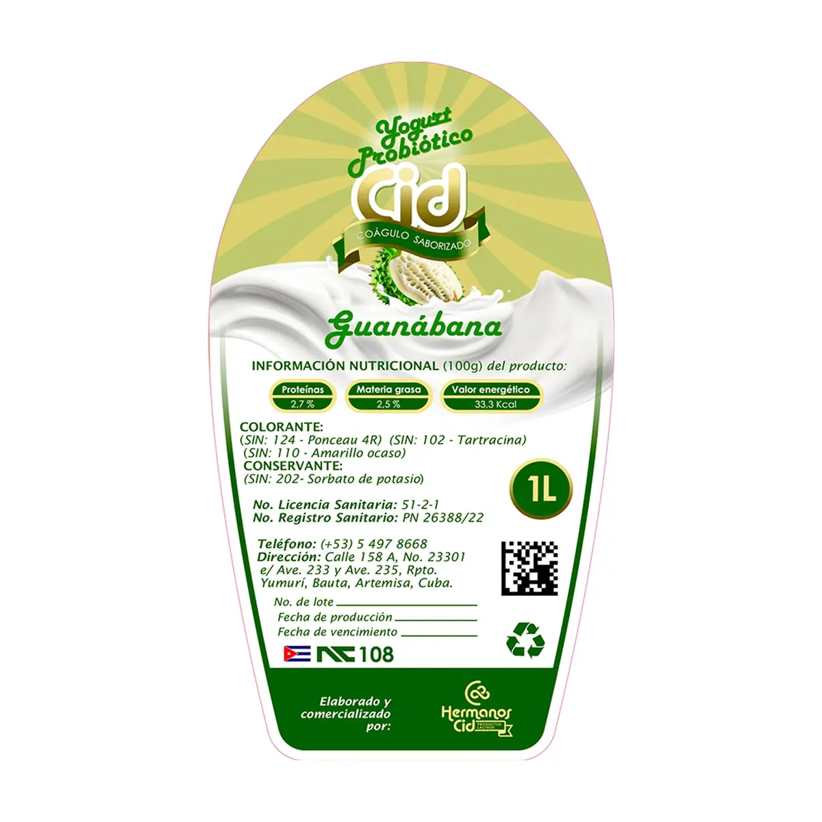 Yogurt probiótico de coágulo saborizado de guanábana Cid (1 L) - Miniatura 3