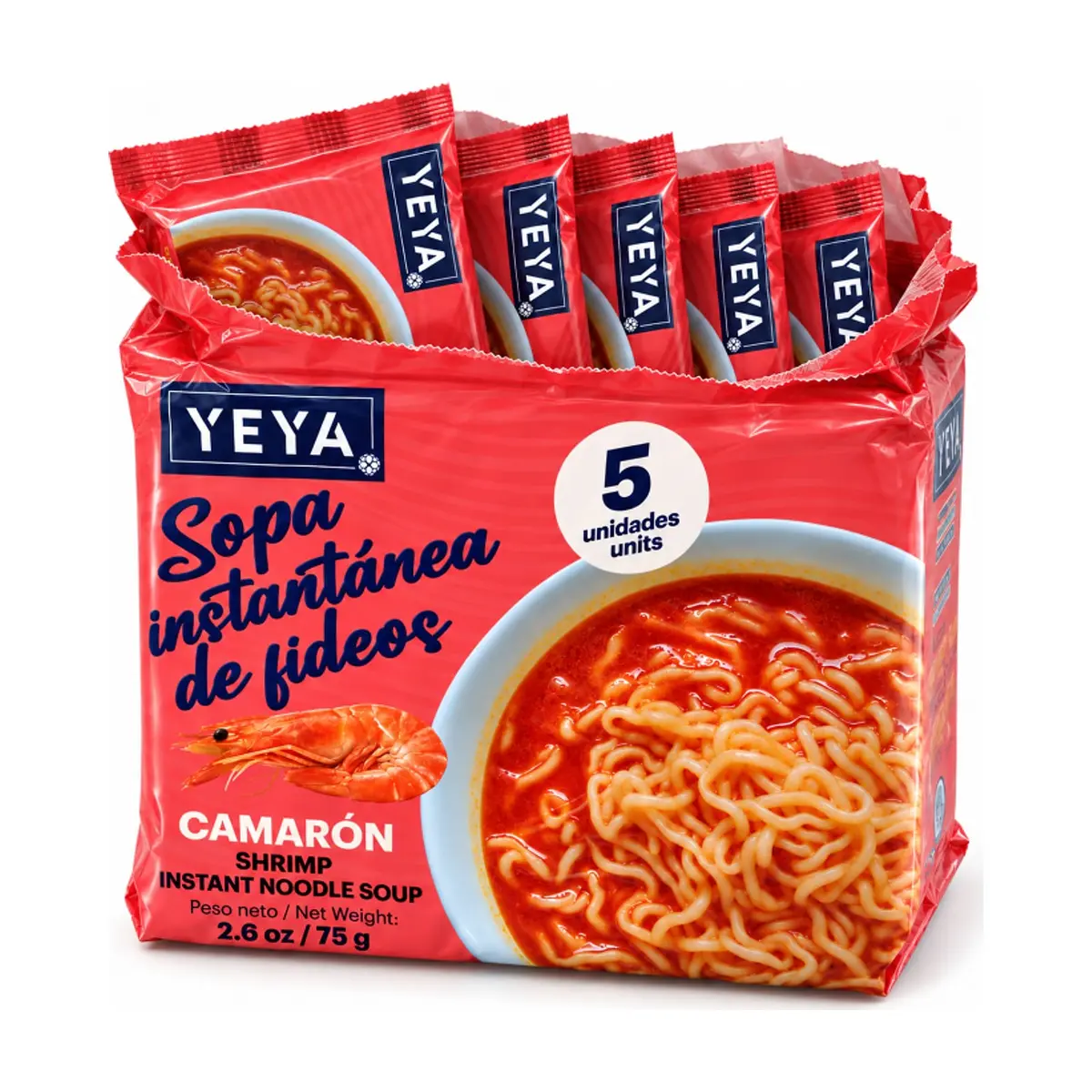 Sopa instantánea de fideos con sabor a camarón YEYA (5 x 75 g / 2.6 oz)