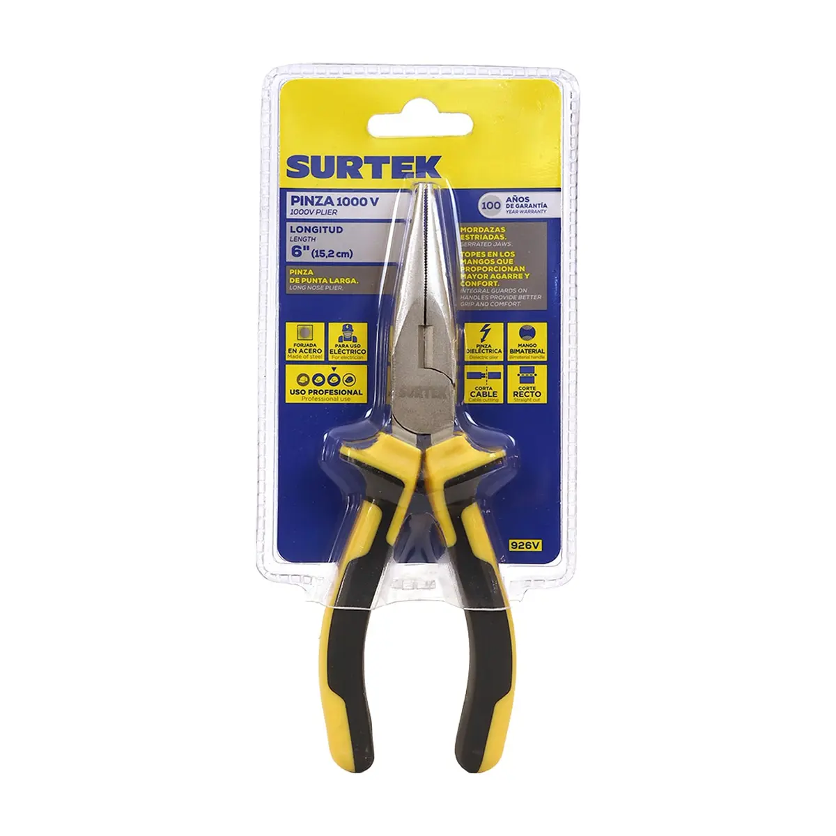 Pinza profesional para electricista de punta larga de 6" 1000 V Surtek 926V - Thumbnail 2