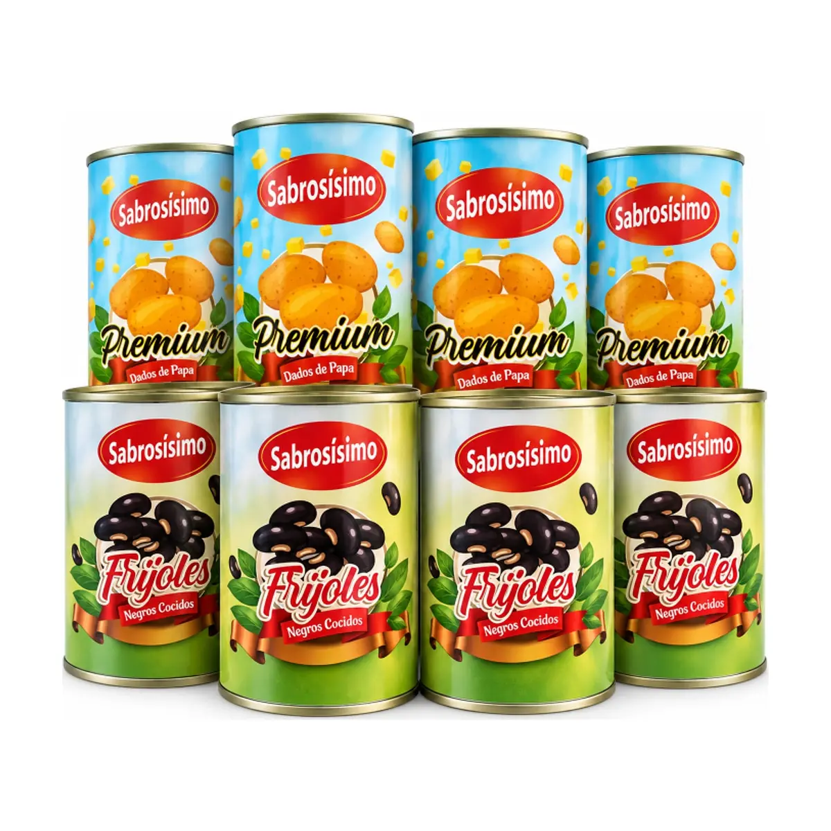 Combo Frijoles negros cocidos Sabrosísimo (4 x 400 g / 14.11 oz) + Dados de papa enlatado Sabrosísimo (4x 425 g / 14.99 oz)