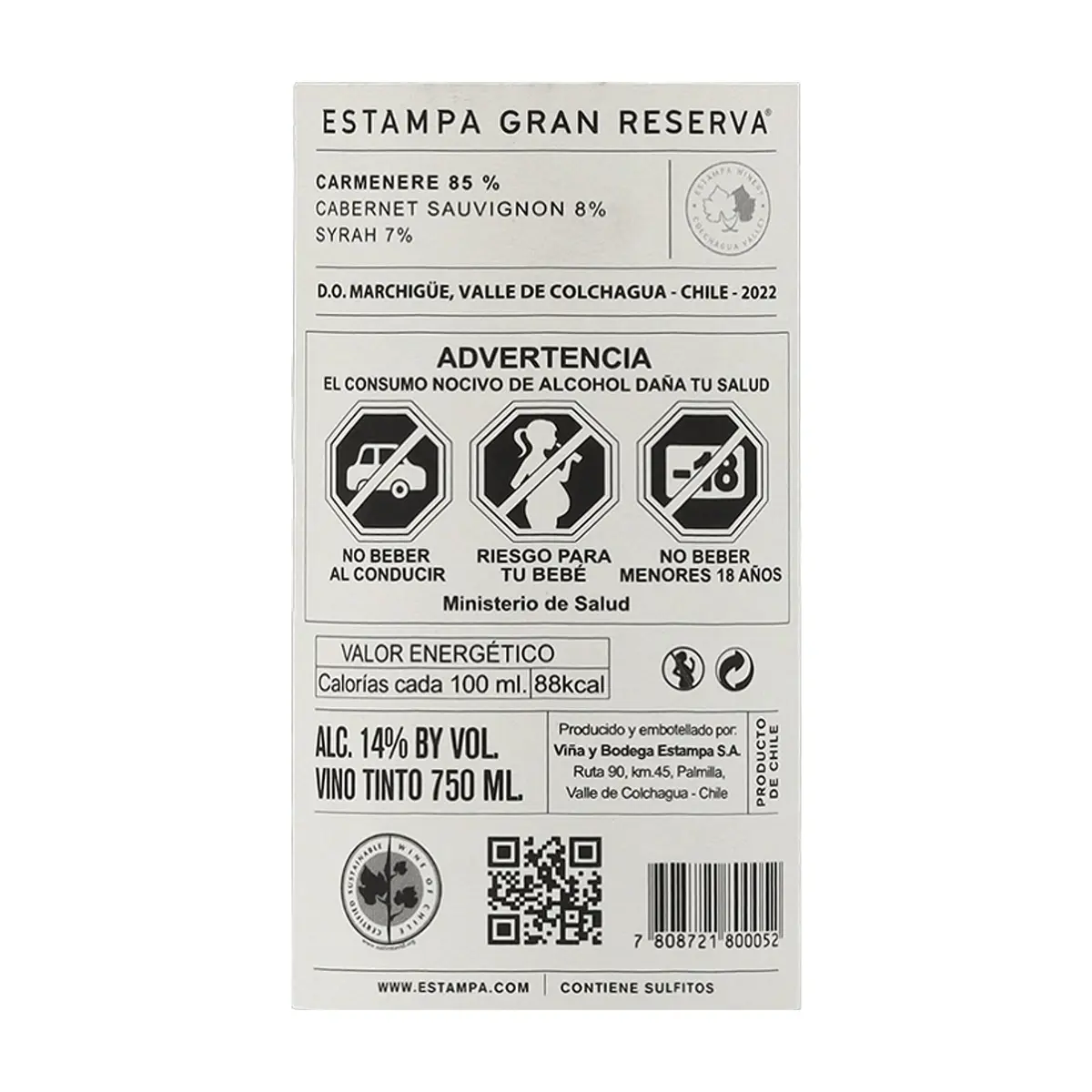 Vino tinto Carmenere Gran Reserva Estampa (750 ml) - Thumbnail 3