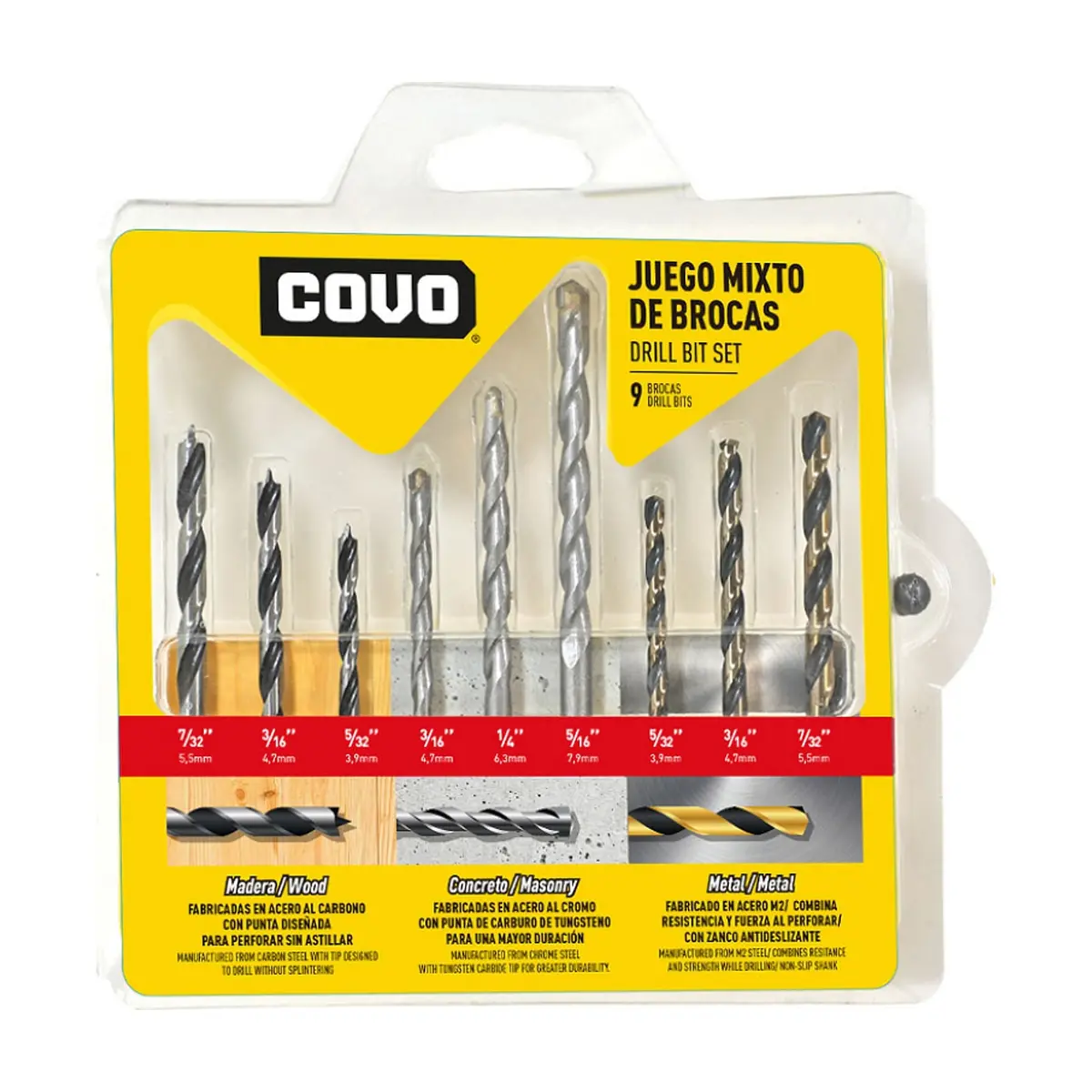 Set mixto de 9 de brocas - 3 barrenas por tipo - de para madera concreto metal Covo