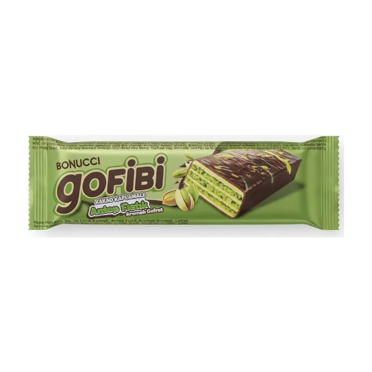 Oblea rellena de crema de pistacho y cubierto con cacao Gofibi Bonucci (36 g / 1.27 oz)
