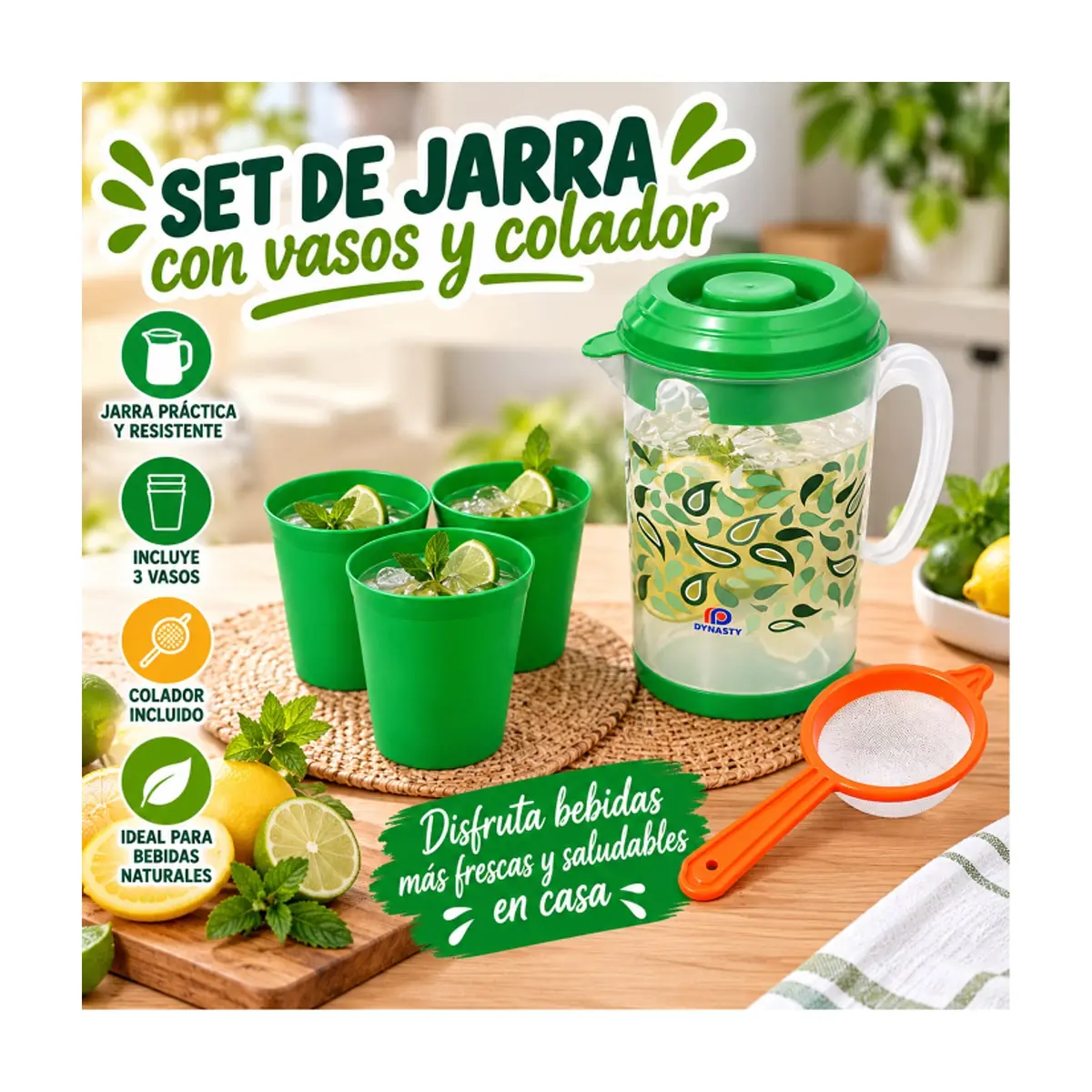 Juego verde de jarra plástica con tapa, vasos y colador CasaBlaca - Thumbnail 5