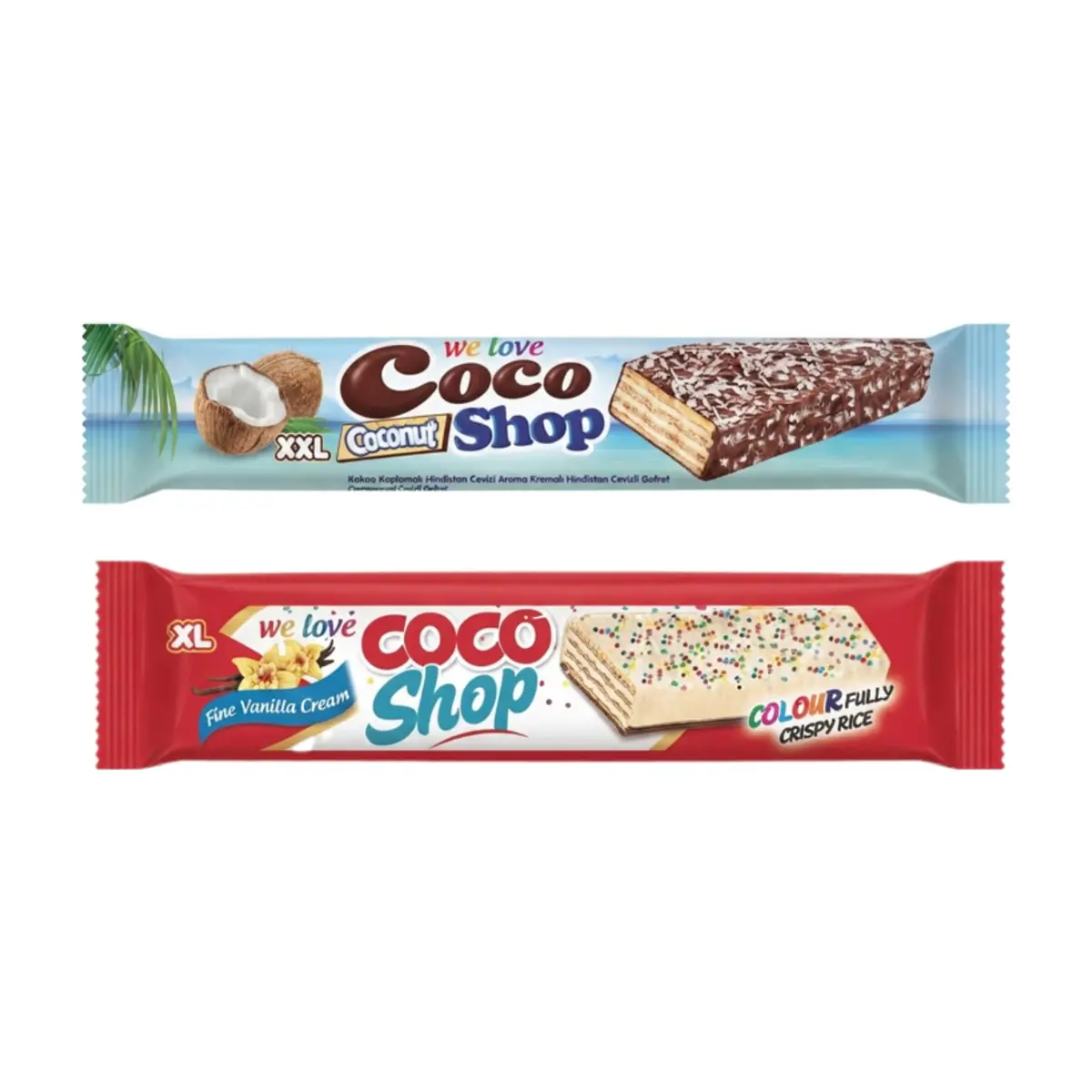 Obleas rellenas de crema de coco y cubiertas de chocolate y chocolate blanco, rayadura de coco y chispas XXL Coco Shop Akai - Imagen 1
