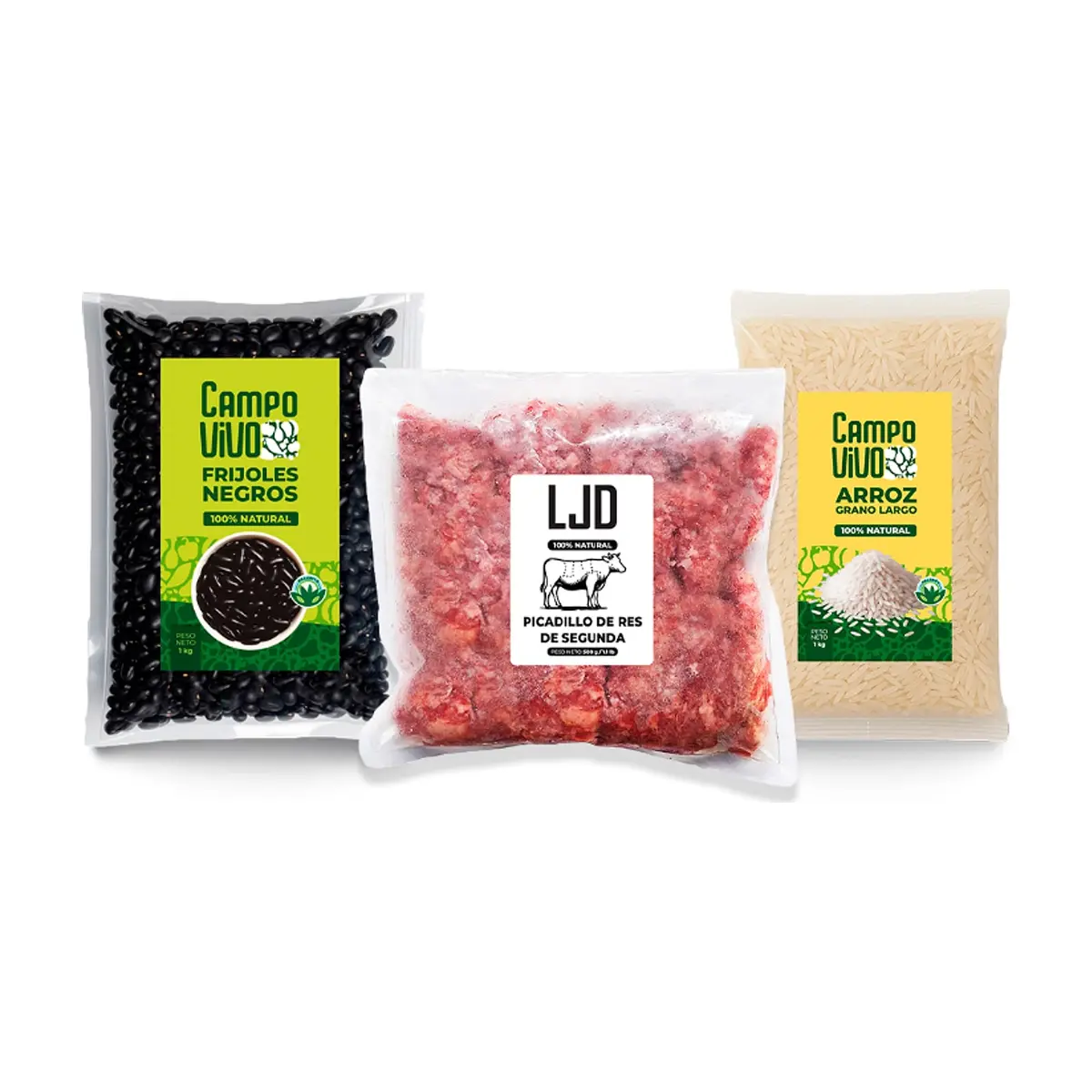 Combo Campo Vivo: Picadillo de res de segunda + Frijoles negros + Arroz de grano largo