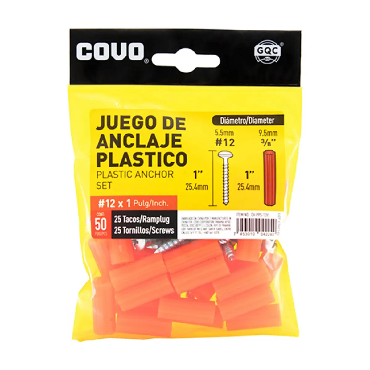 Juego de tornillos pernos de anclaje con tacos plásticos para fijar a la pared Covo (50 U)