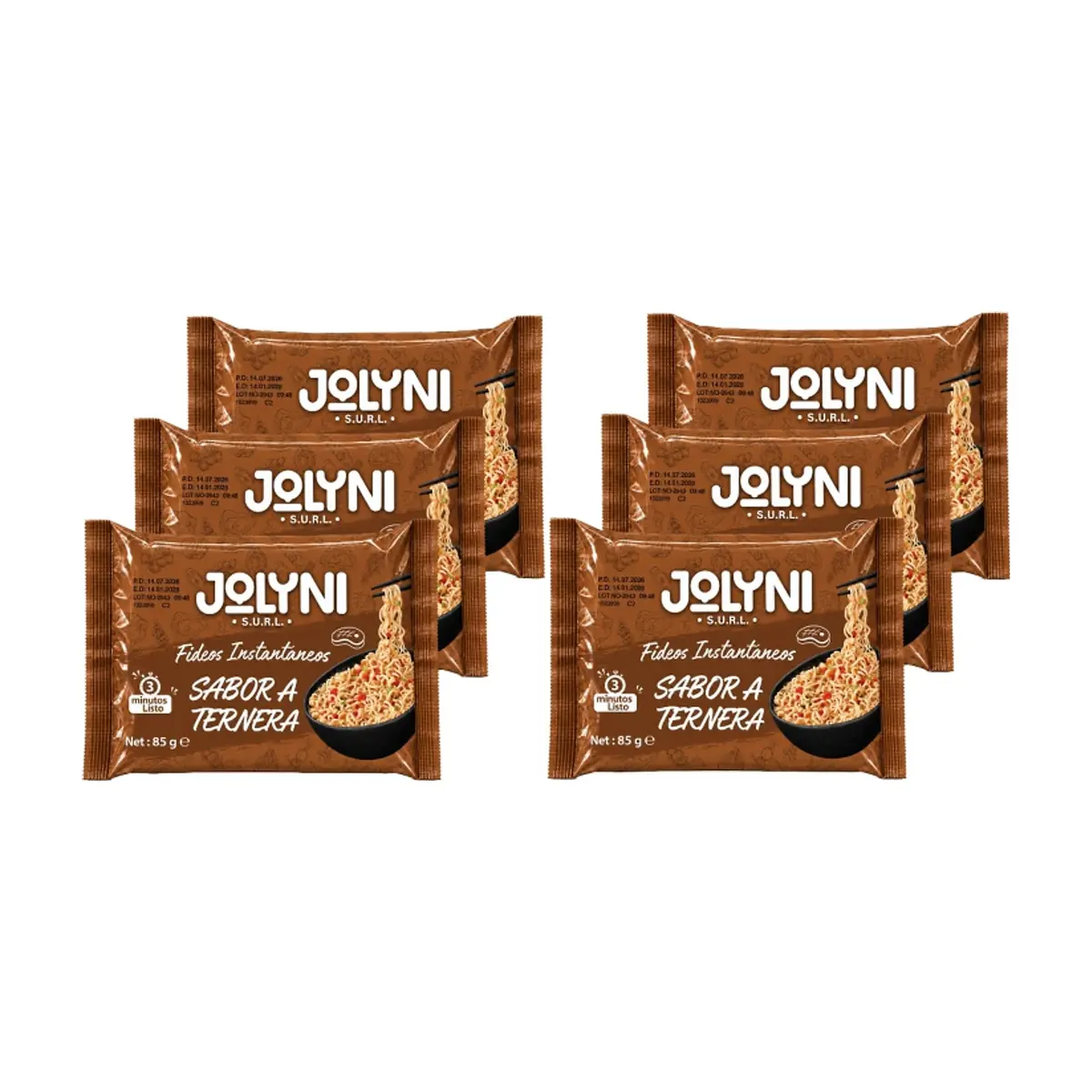Sopa de fideos instantáneos sabor ternera Jolyni (6 x 85 g / 3 oz)