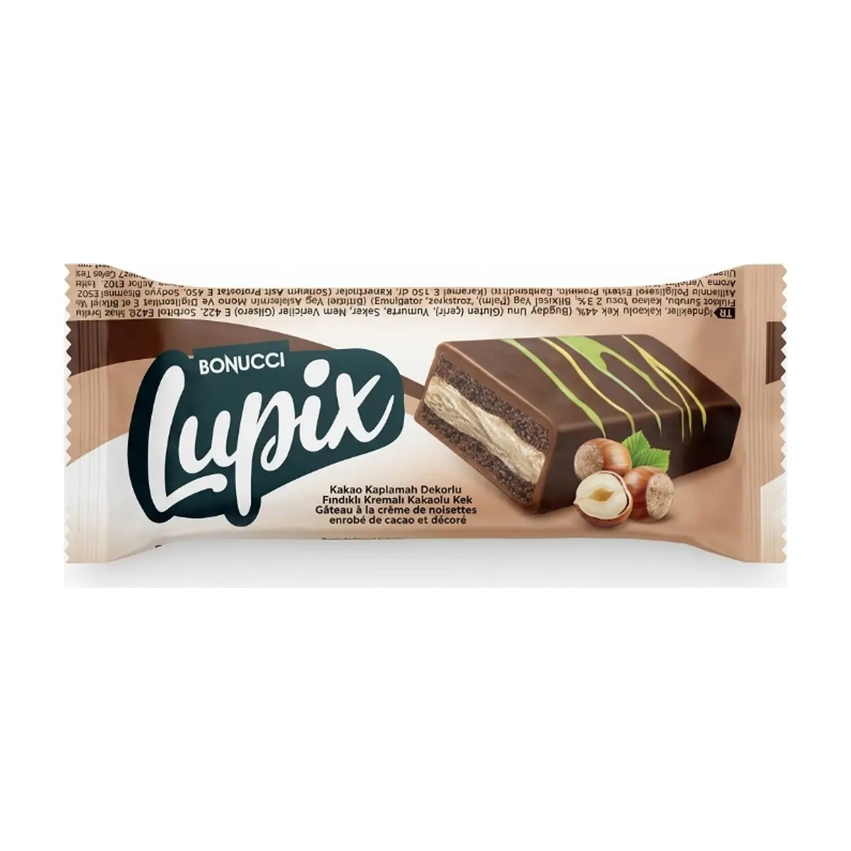 Pastel de chocolate relleno y decorado con crema de avellanas y pistacho Lupix Bonucci (40 g / 1.41 oz)