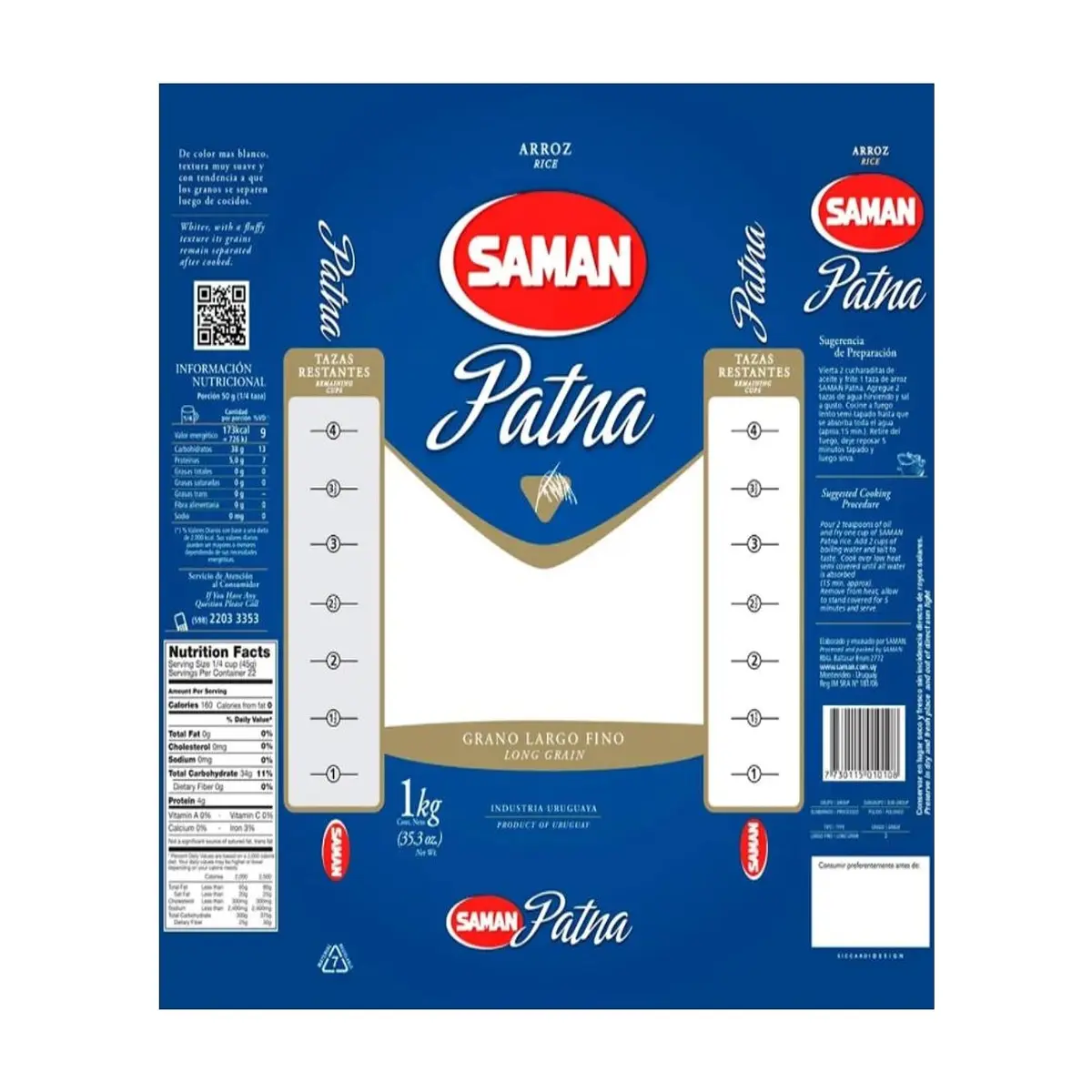 Arroz blanco de grano largo fino Saman Patna (1 kg / 2.2 lb) - Miniatura 4