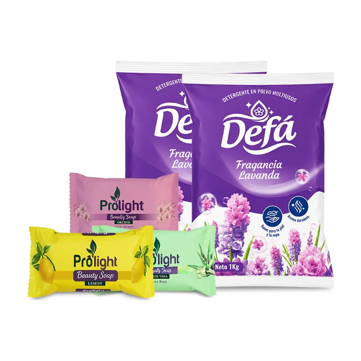 Combo Aseo y Limpieza #3: Detergente en polvo multiusos fragancia de lavanda Defá + Jabones de belleza Prolight