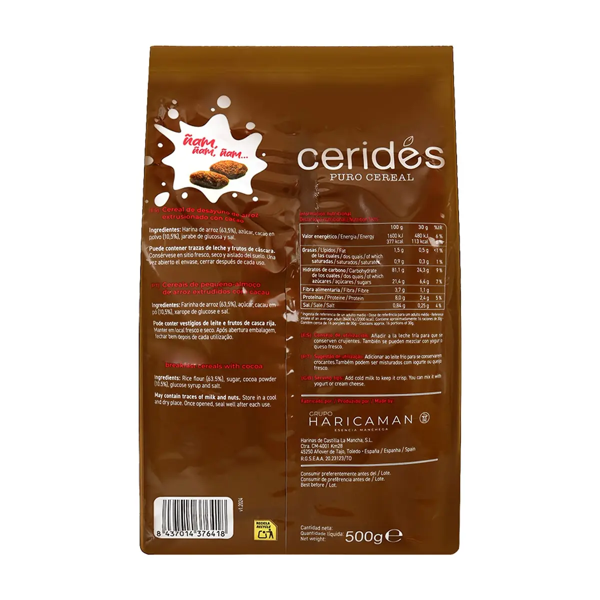 Cereal de arroz inflado con sabor a chocolate Ceridés (500 g / 1.1 lb) - Miniatura 3