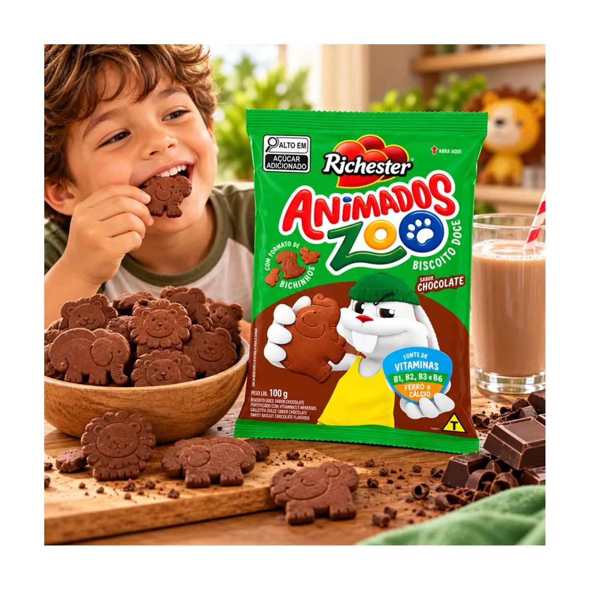 Galletas dulces sabor chocolate, fortificadas con vitaminas y minerales Richester Animados Zoo (100g / 3.52oz) - Thumbnail 4