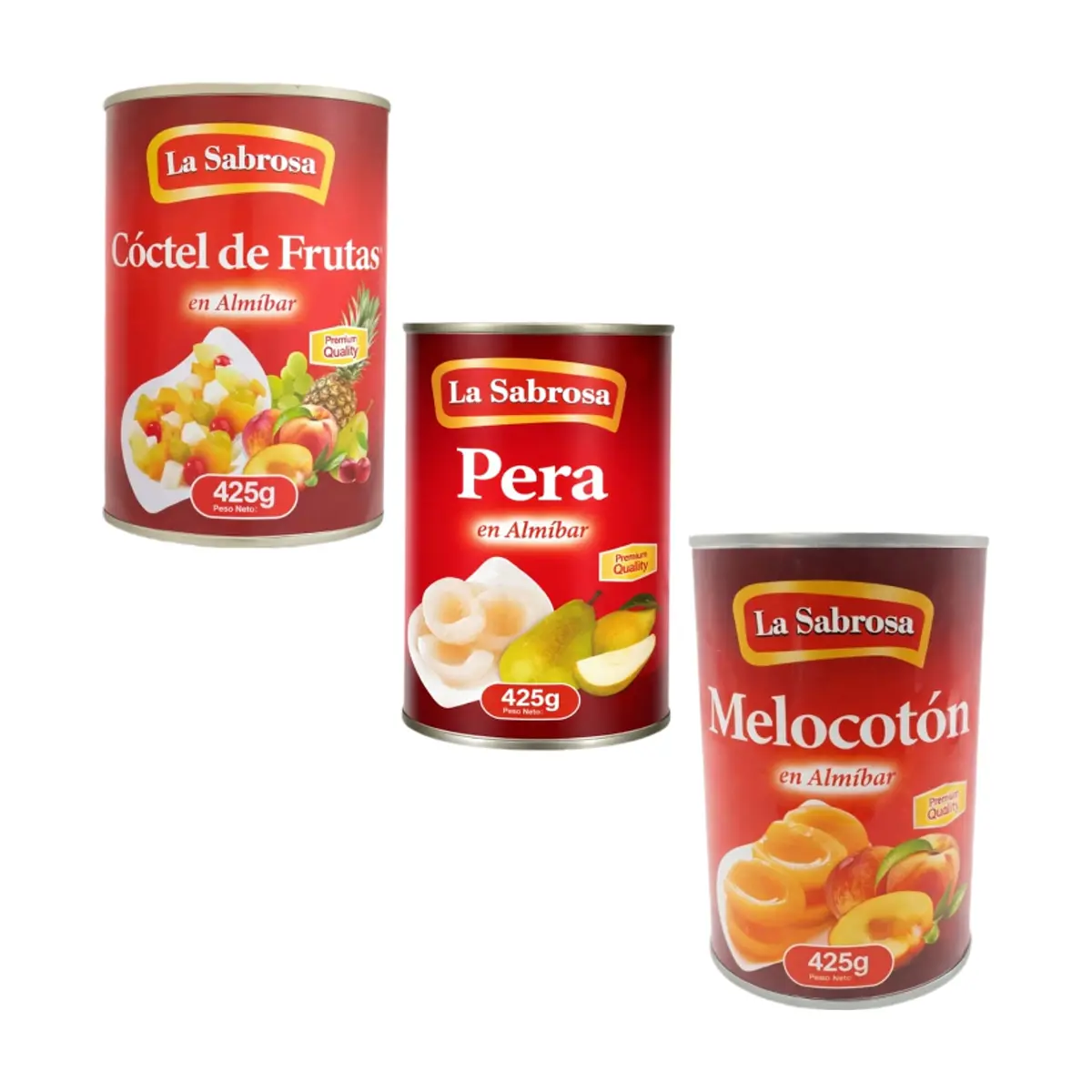 Cóctel de frutas en almíbar + Pera en almíbar + Melocotón en almíbar