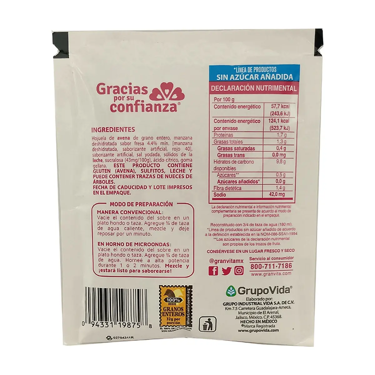 Avena integral instantánea sin azúcar sabor fresa con crema Granvita (35 g / 1.23 oz) - Thumbnail 3