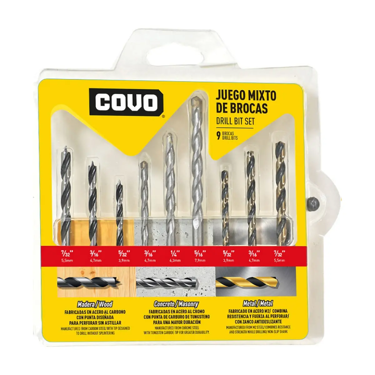 Set mixto de 9 de brocas - 3 barrenas por tipo - de para madera concreto metal Covo - Thumbnail 6