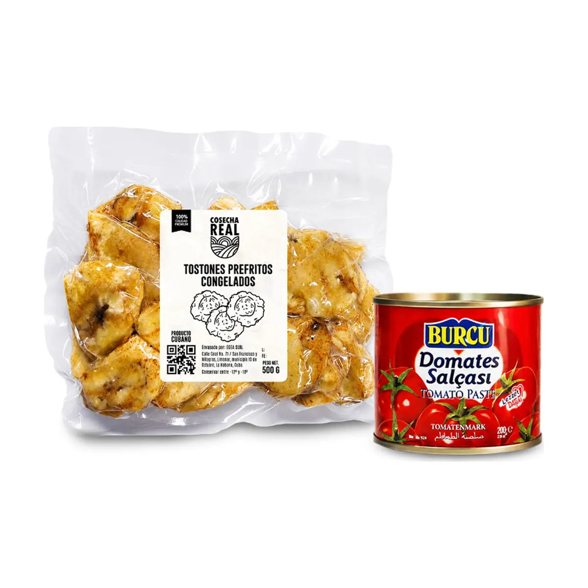 Combo criollo: Tostones prefritos congelados Cosecha Real + Pasta de tomate Burcu