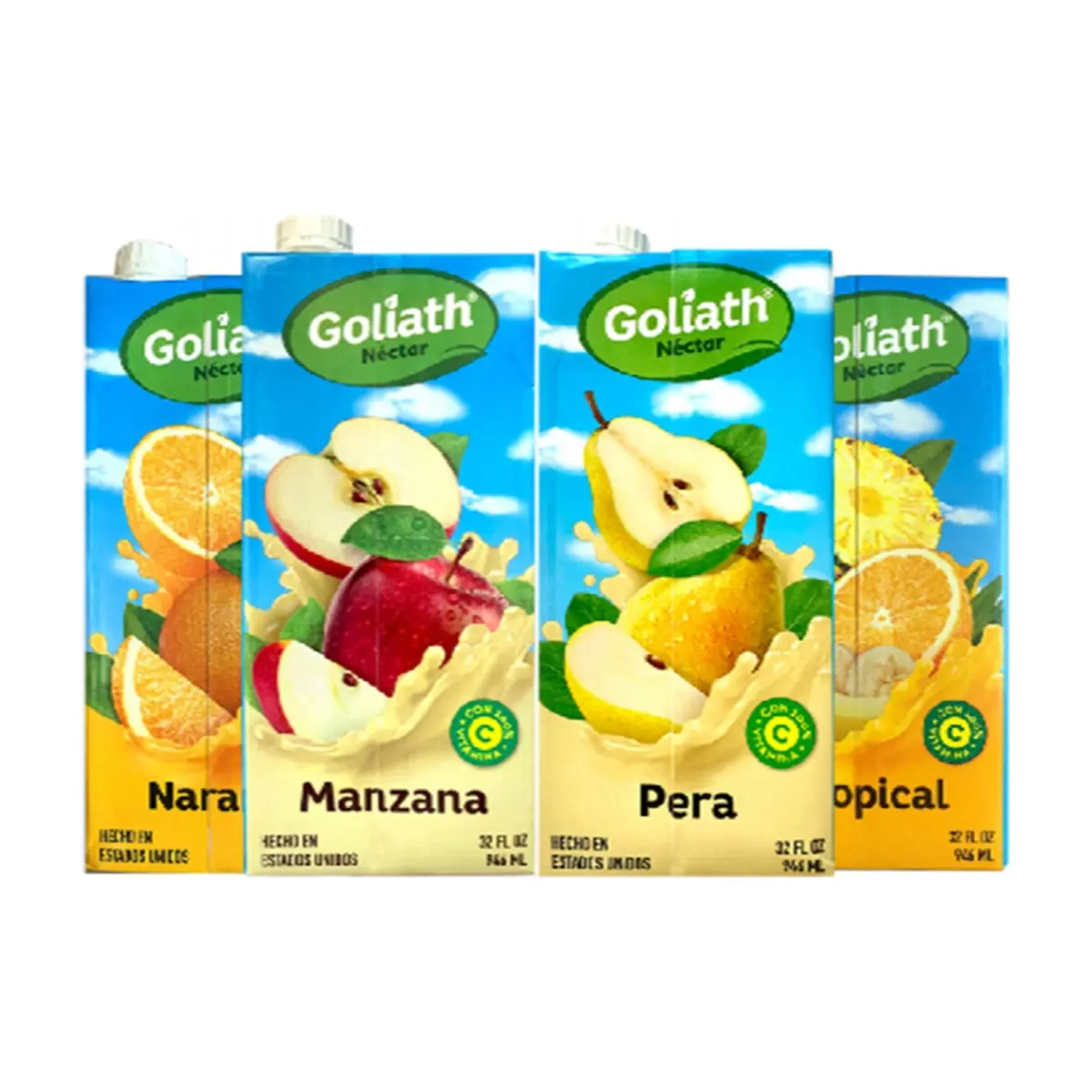 Jugos mixtos sabor manzana, pera, naranja y tropical Goliath
