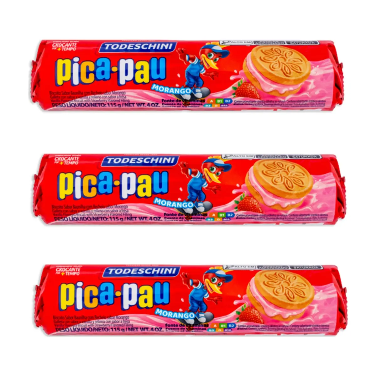 Galletas de vainilla con relleno sabor a fresa Pica Pau Todeschini (3 x 115 g / 4 oz)
