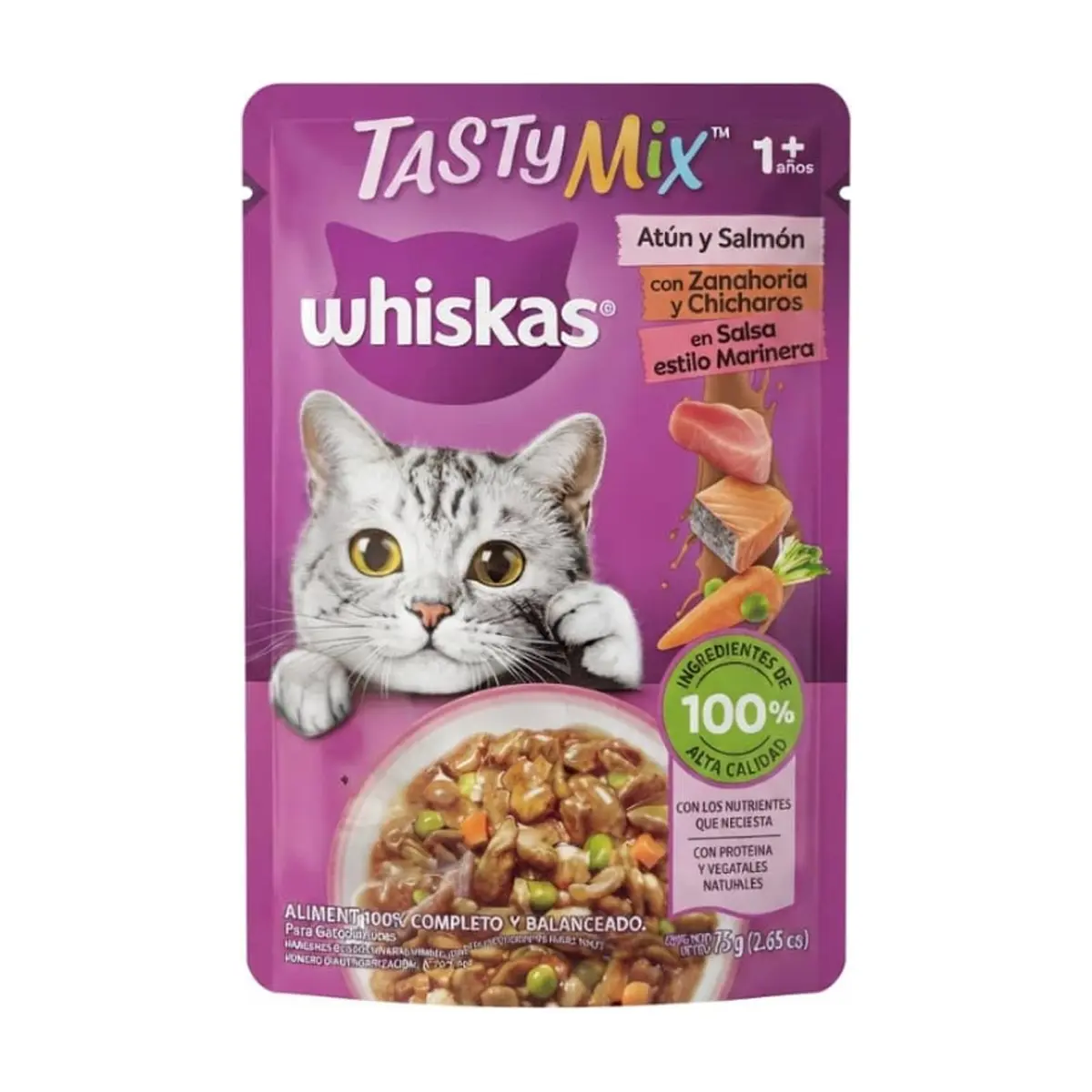 Alimento para gatos adultos con sabor a atún y salmón con zanahoria y chícharos en salsa Tasty Mix Whiskas (75 g / 2.64 oz)