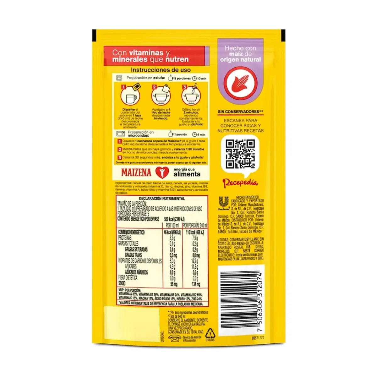 Fécula de maíz para preparar atole fortificado sabor arroz con leche (47 g / 1.65 oz) - Miniatura 5