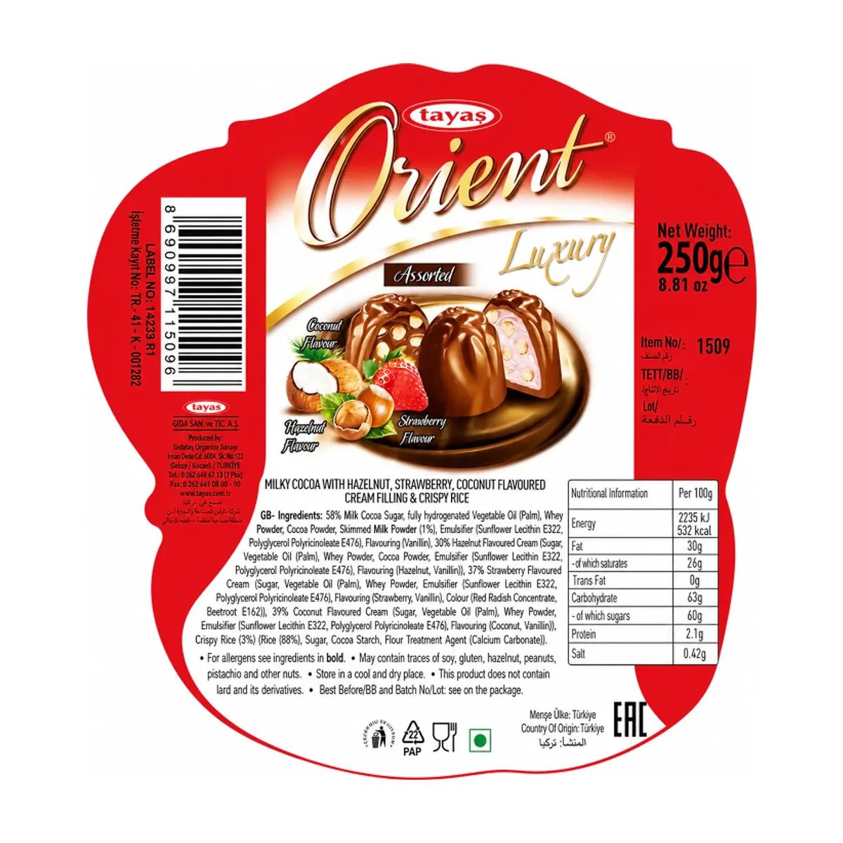 Bombones de cacao con leche con sabor a avellana, fresa y coco rellenos de crema y arroz crujiente Tayas Orient (250 g / 8.82 oz) - Thumbnail 3