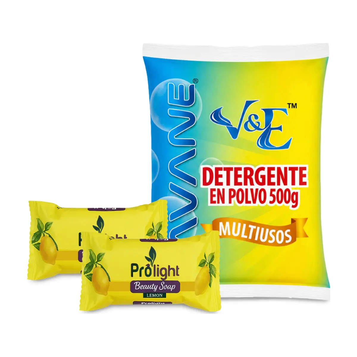 Combo básico de higiene y limpieza #5: Detergente en polvo multiuso con aroma floral Lavane + Jabón de belleza con fragancia a limón Prolight