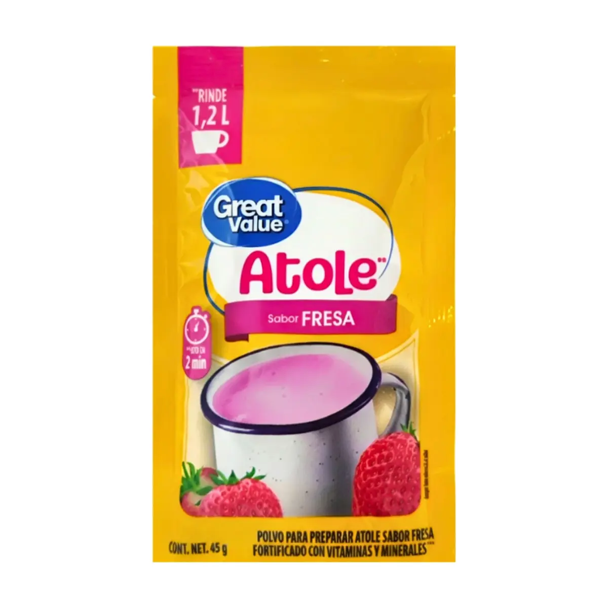 Polvo para preparar atole sabor fresa fortificado con vitaminas y minerales Great Value (45 g / 1.59 oz)