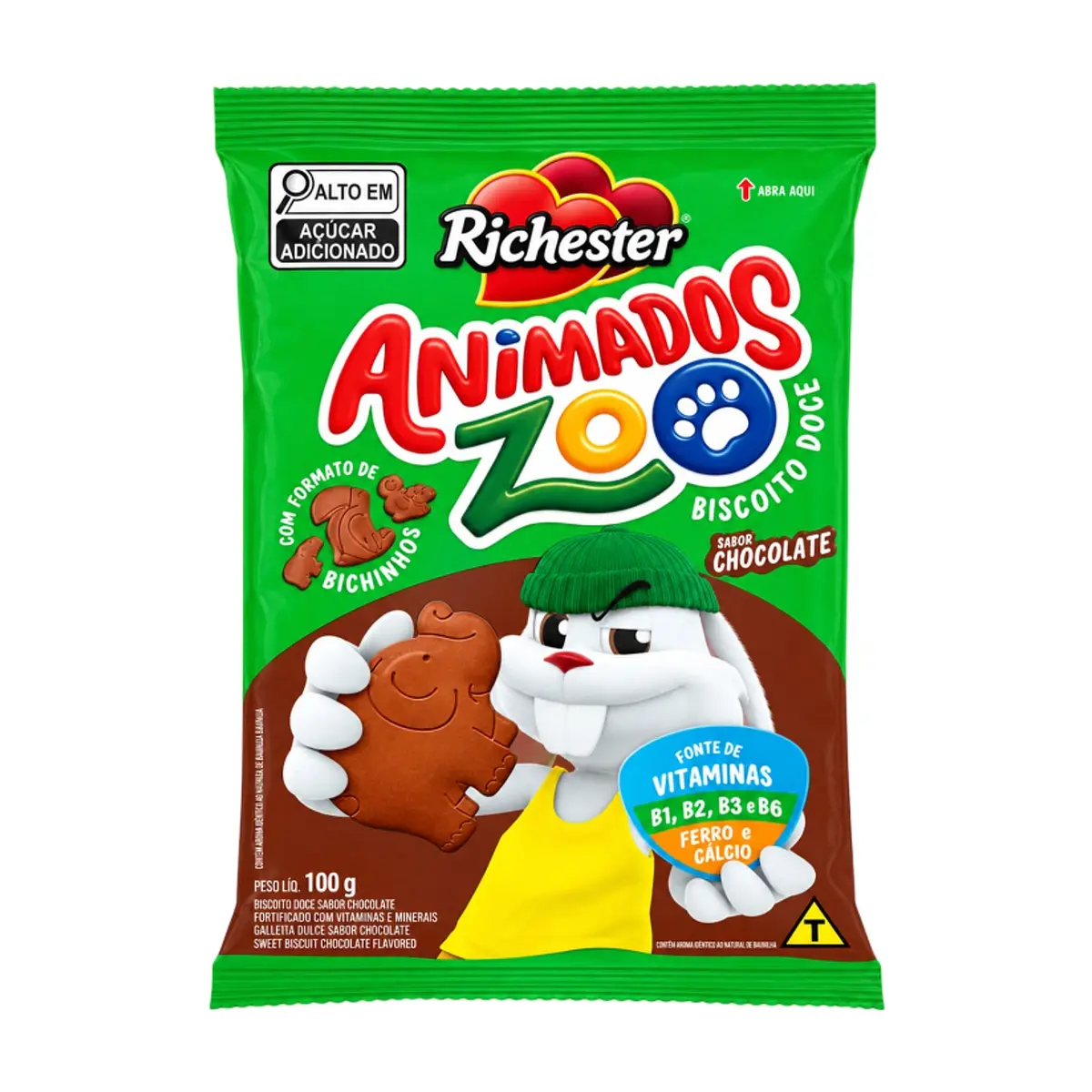 Galletas dulces sabor chocolate, fortificadas con vitaminas y minerales Richester Animados Zoo (100g / 3.52oz)