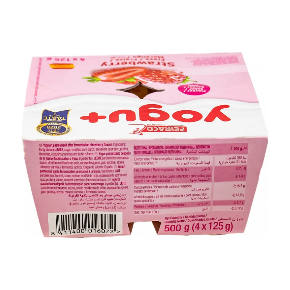 Yogur pasteurizado sabor a fresa Yogu+ Feiraco (4 x 125 g / 4.40 oz) - Miniatura 2