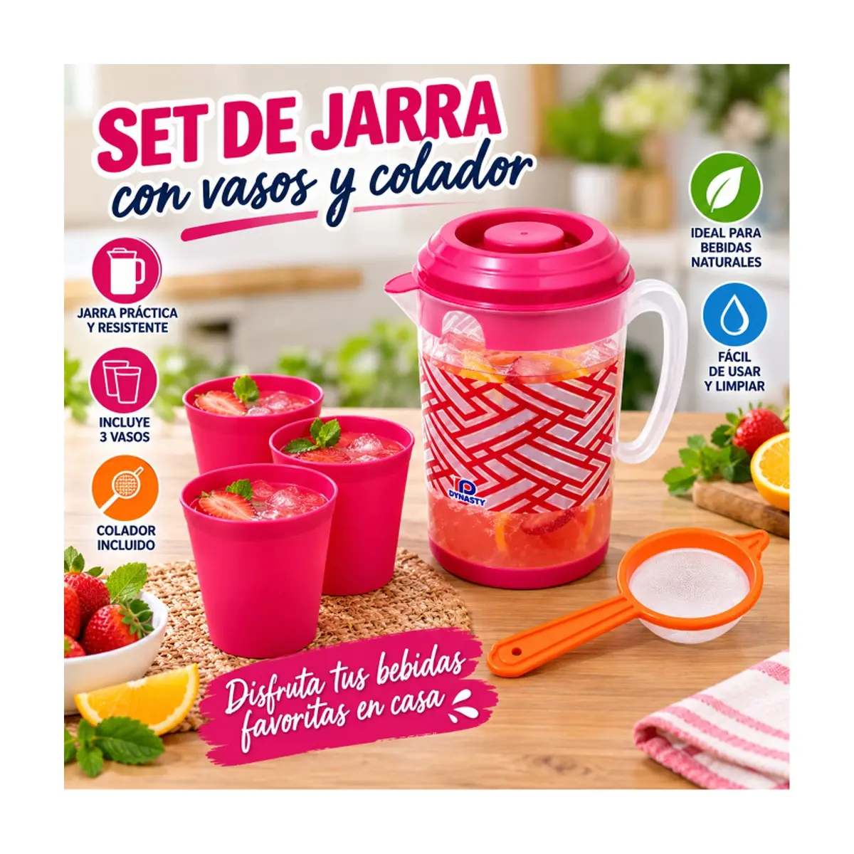 Juego rosado de jarra plástica con tapa, vasos y colador CasaBlaca - Thumbnail 5
