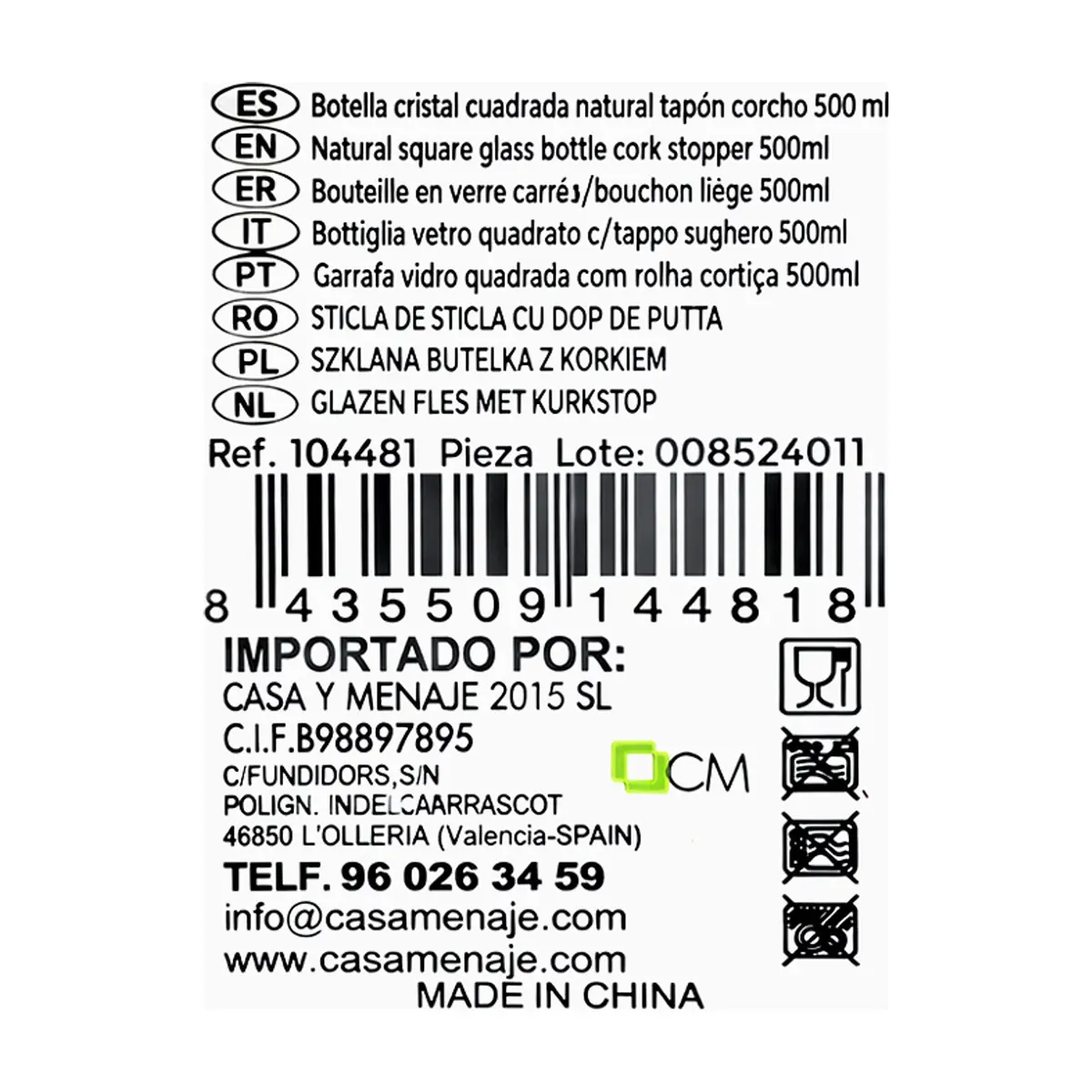 Botella cristal cuadrada natural tapón corcho 500 ml Casa y Menaje - Thumbnail 3