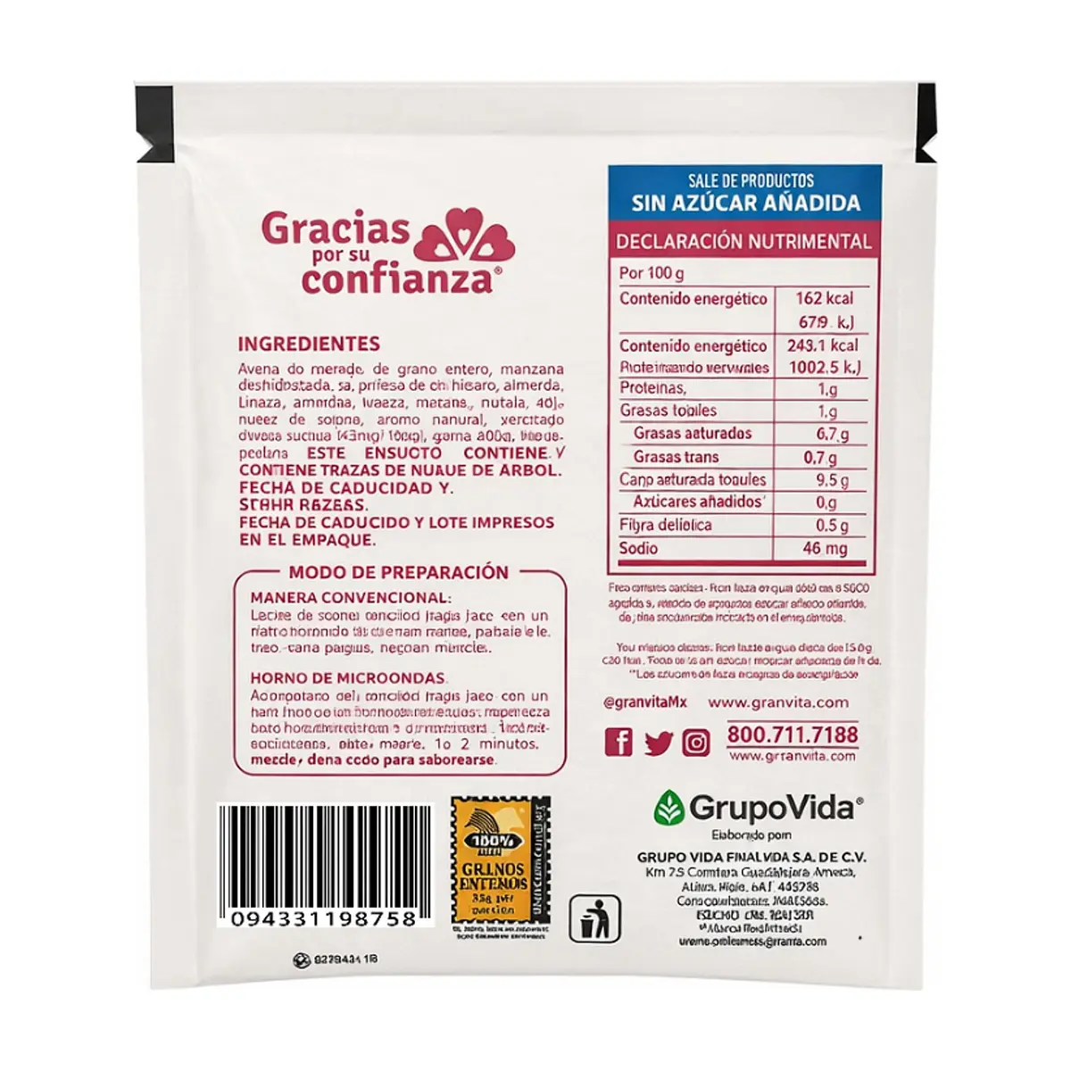 Avena integral instantánea sin azúcar sabor fresa con crema Granvita (35 g / 1.23 oz) - Thumbnail 7