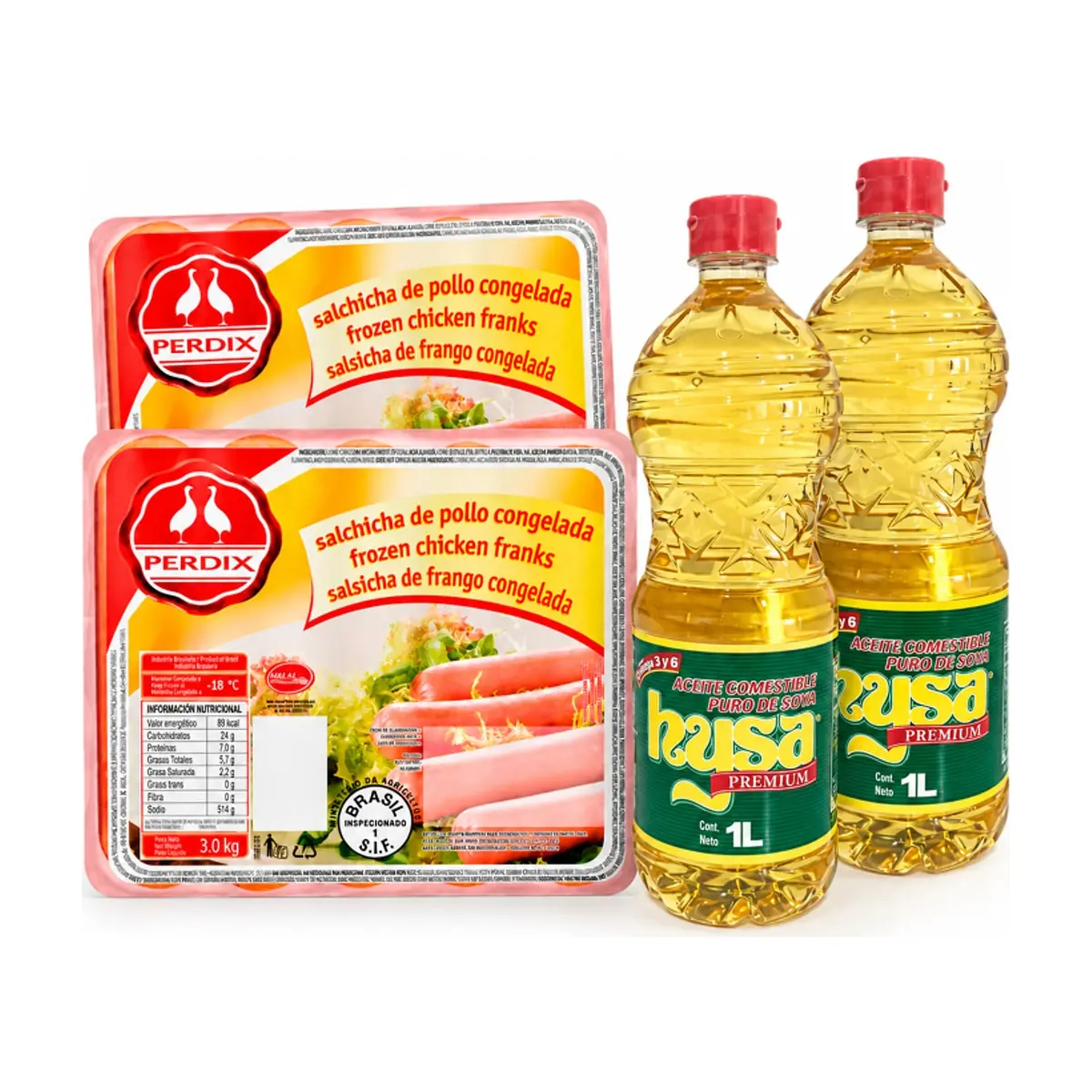 Salchicha de pollo congelada Perdix + Aceite de soya puro Hysa - Imagen 1