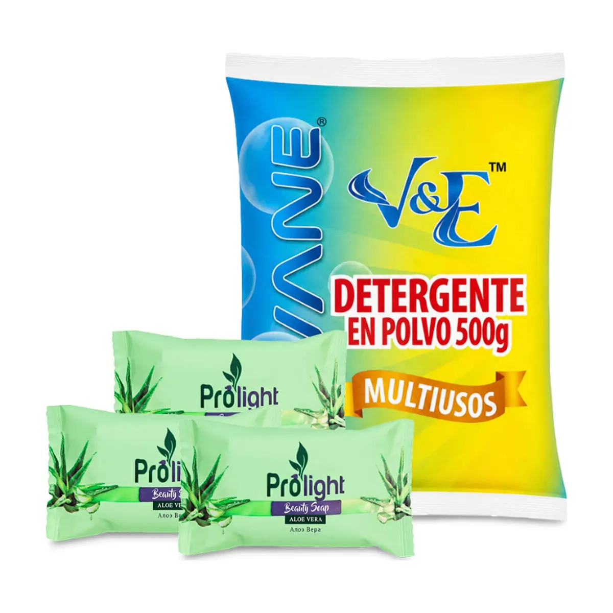 Combo de higiene y limpieza #7: Detergente en polvo multiuso con aroma floral Lavane + Jabón de belleza con fragancia aloe vera Prolight
