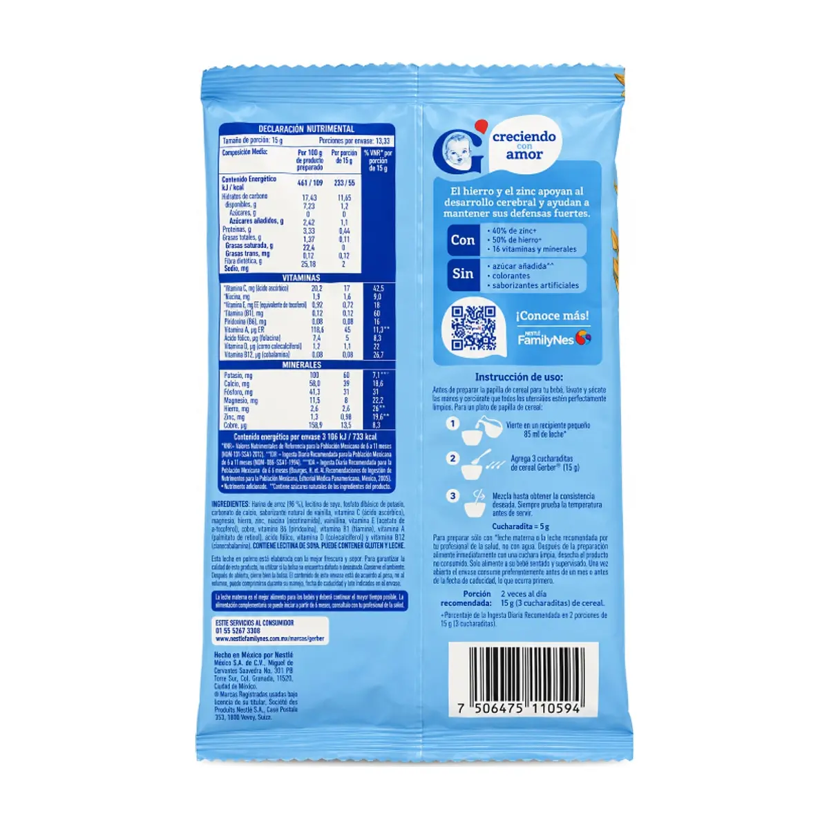 Cereal seco para lactantes de arroz adicionado con vitamina y minerales partir de los 6 meses Gerber (200 g / 7.05 oz) - Miniatura 2