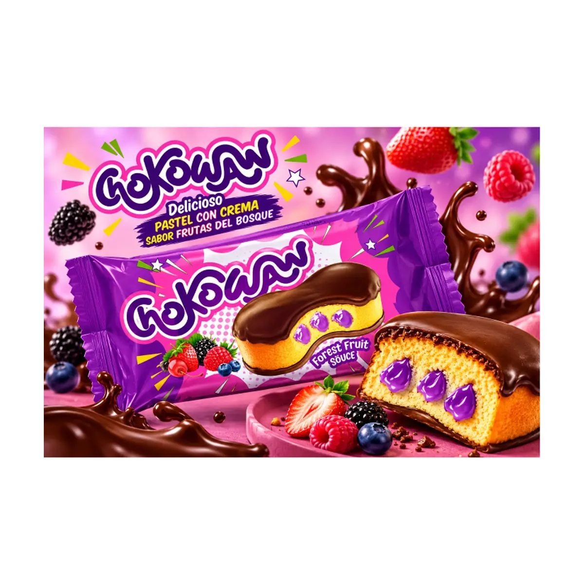 Pastel con crema sabor a frutos del bosque bañado en chocolate Chokowaw (30 g / 1.05 oz) - Thumbnail 4