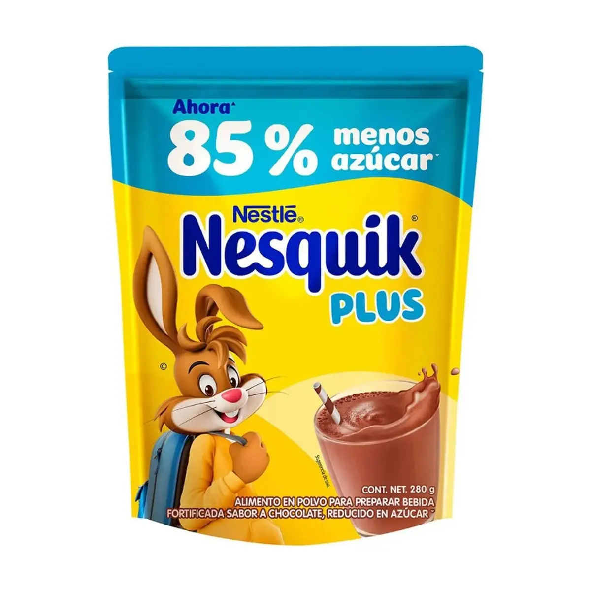 Alimento en polvo para preparar bebida fortificada con sabor a chocolate reducida en azúcar Nestlé Nesquik Plus (280 g / 9.88 oz)