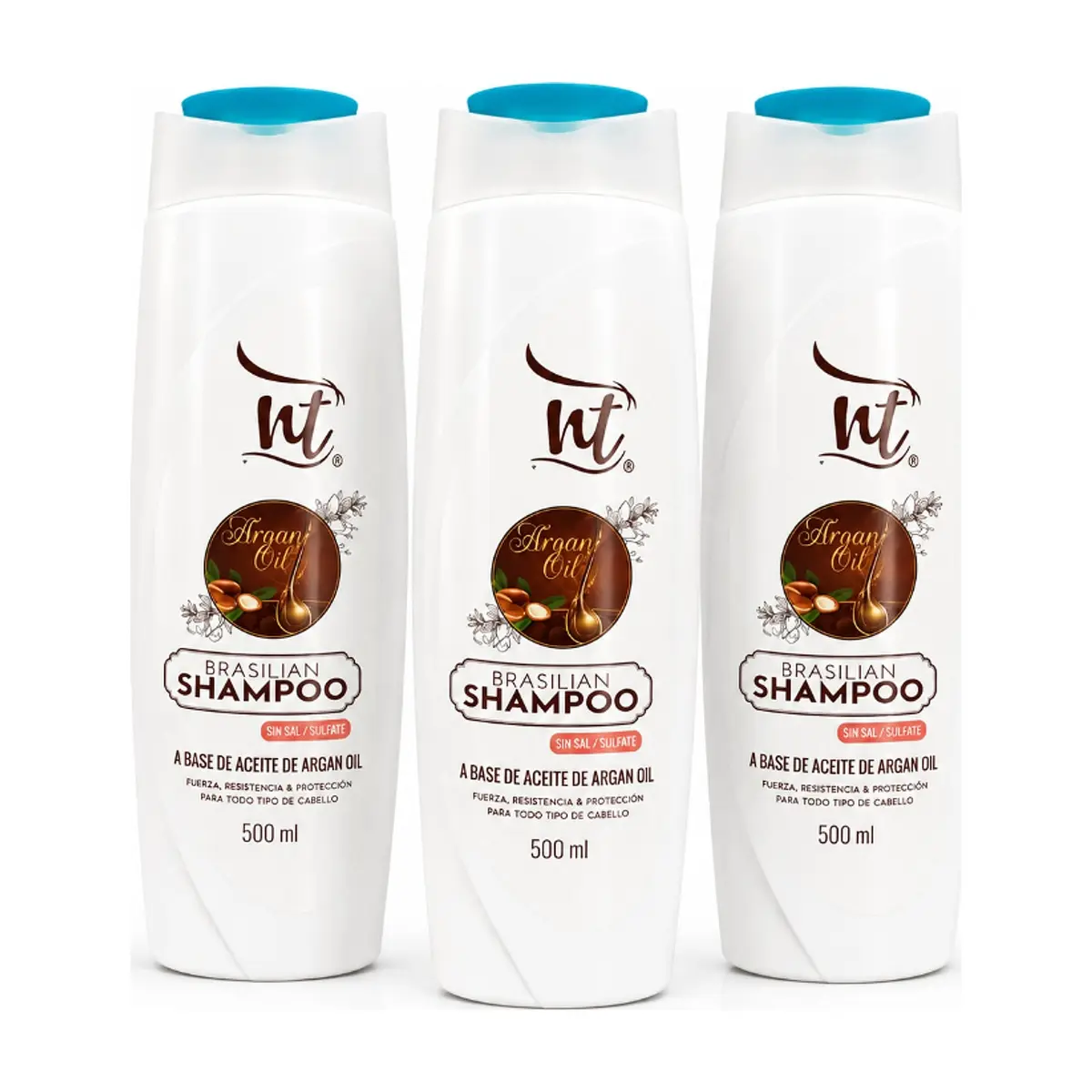 Champú brasileño a base de aceite de argán sin sal NT (3 x 500 ml)
